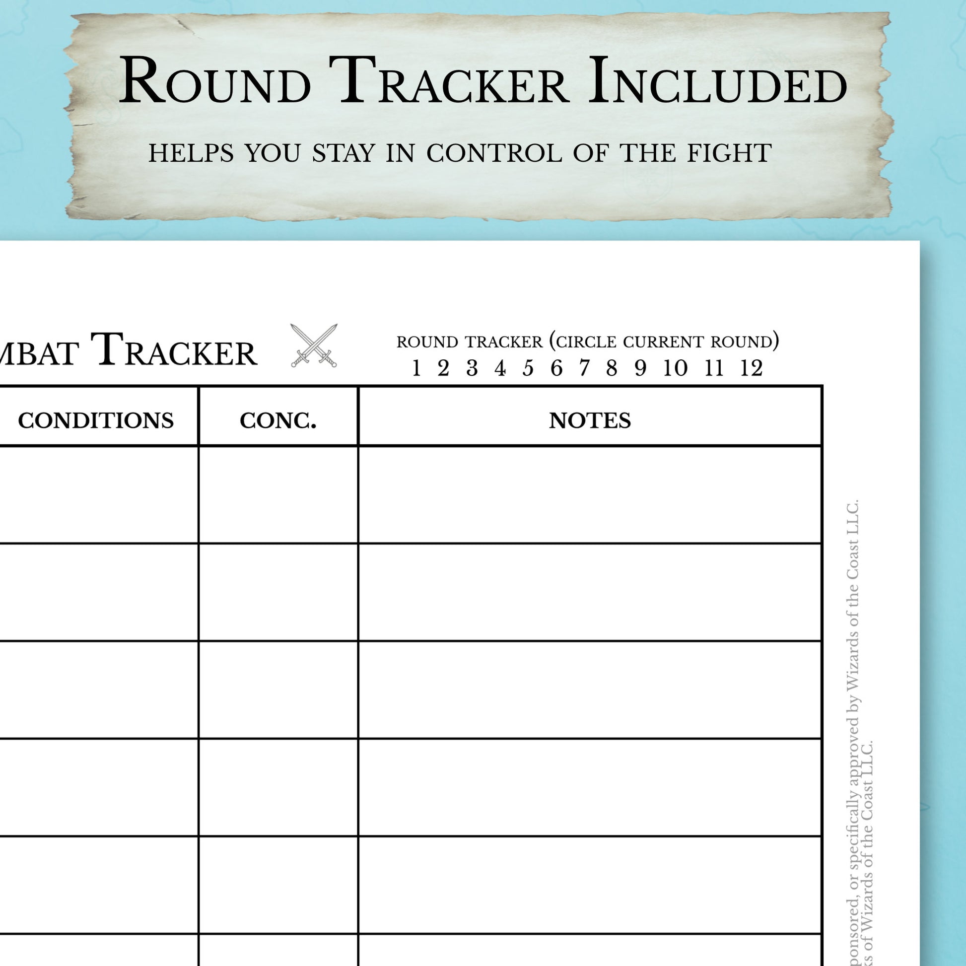 Beginner DM initiative tracker printable featuring a round tracker to keep track of combat rounds in D&D 5e.