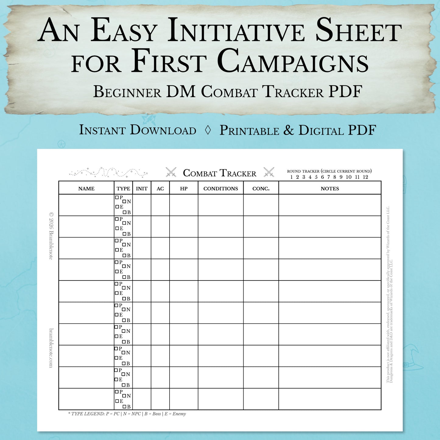 Beginner DM combat tracker printable PDF for new dungeon masters to track initiative, hit points, and conditions in D&D 5e combat.
