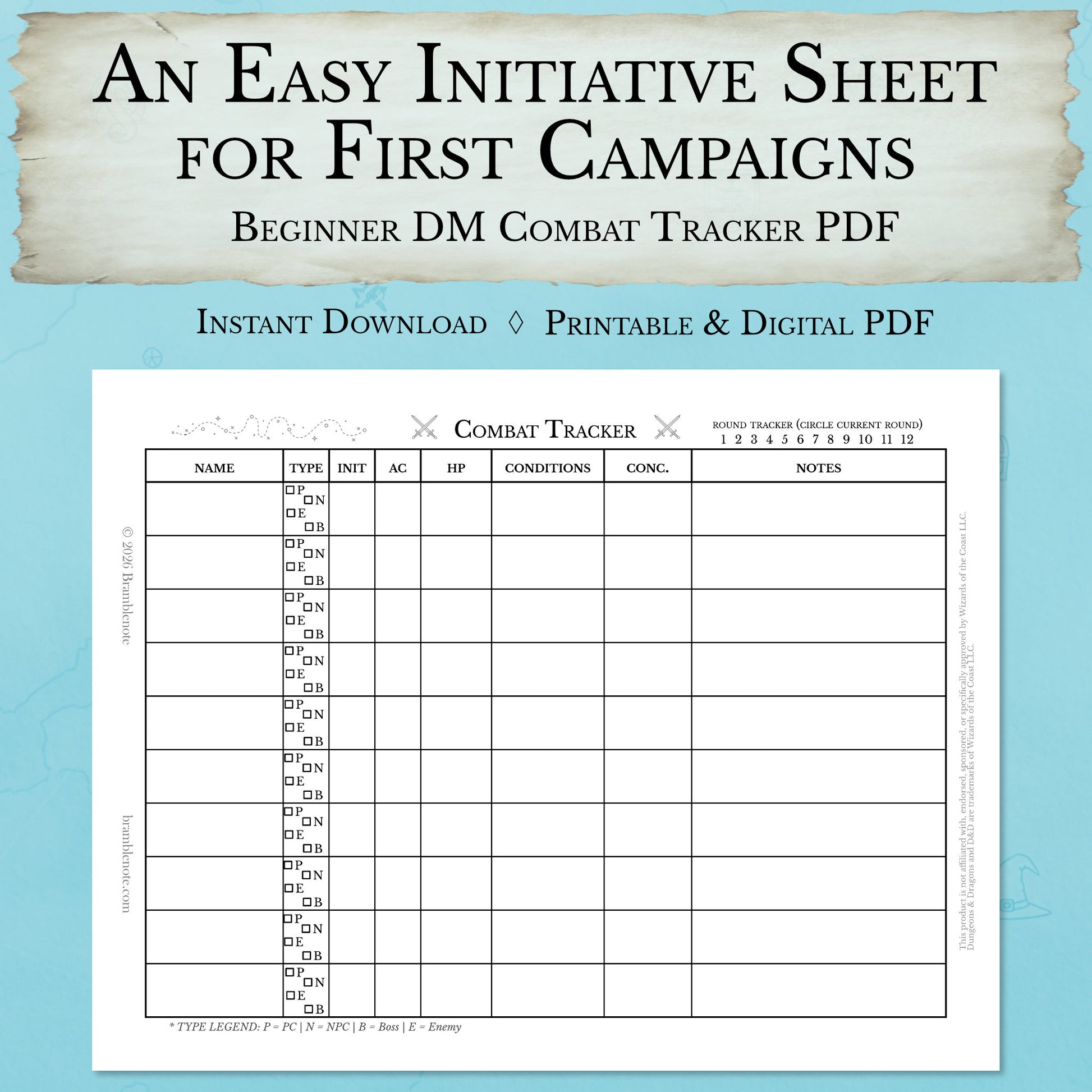 Beginner DM combat tracker printable PDF for new dungeon masters to track initiative, hit points, and conditions in D&D 5e combat.

