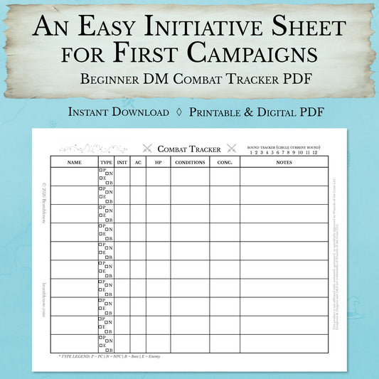 Beginner DM combat tracker printable PDF for new dungeon masters to track initiative, hit points, and conditions in D&D 5e combat.
