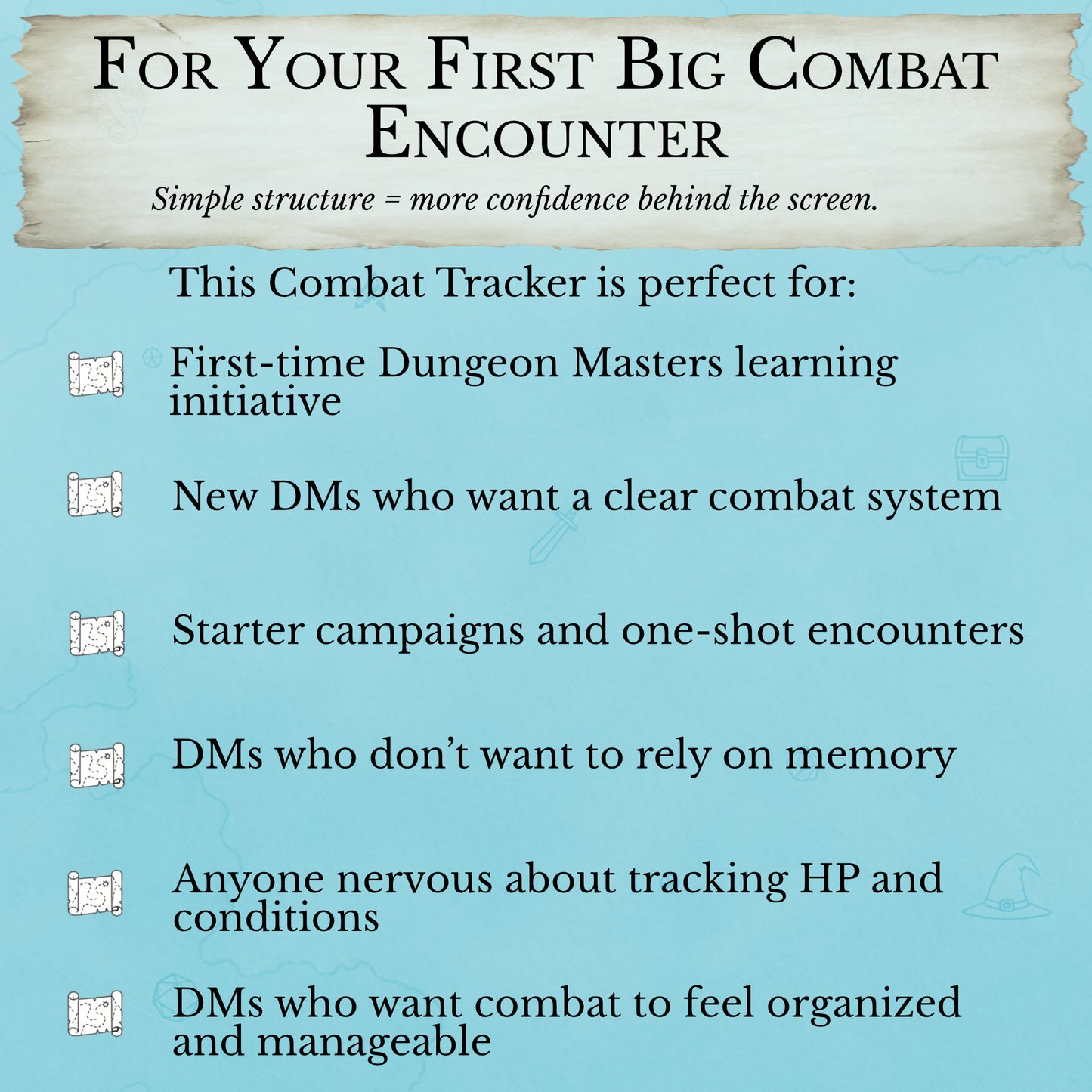 Combat tracker sheet for new dungeon masters to track conditions and concentration spells during tabletop RPG combat.
