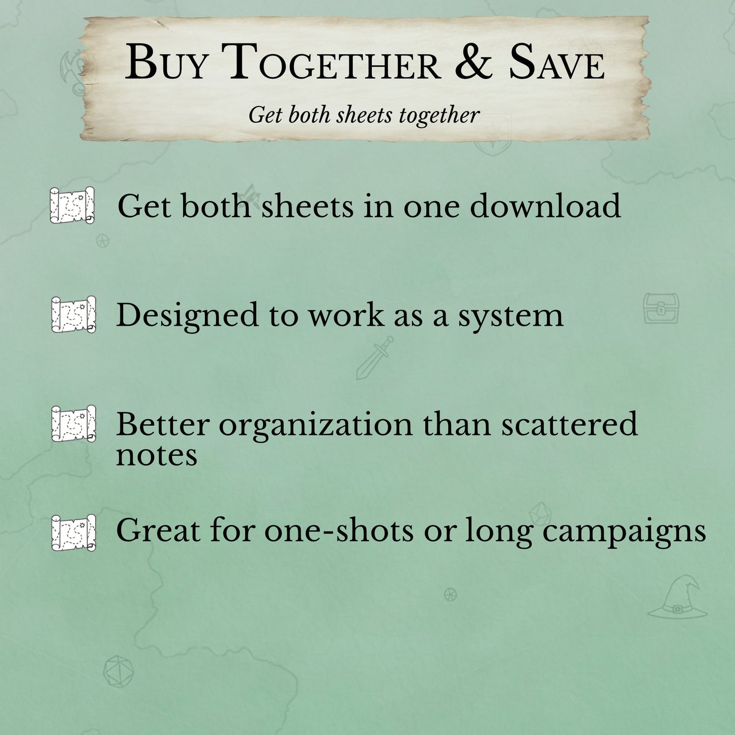 Buy together and save when you get the two-page DM loot bundle PDF of loot prep worksheet and loot tracker sheet
