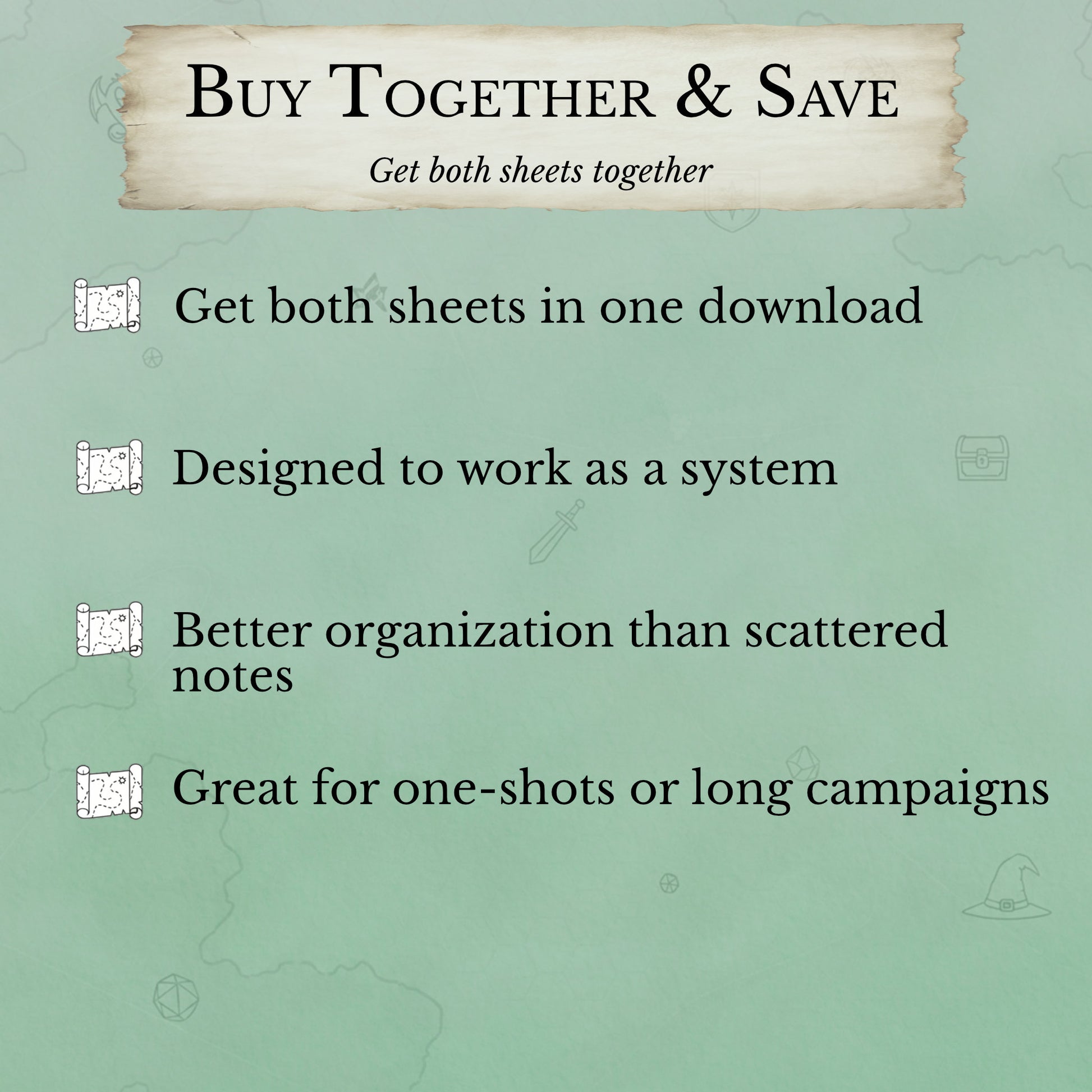 Buy together and save when you get the two-page DM loot bundle PDF of loot prep worksheet and loot tracker sheet
