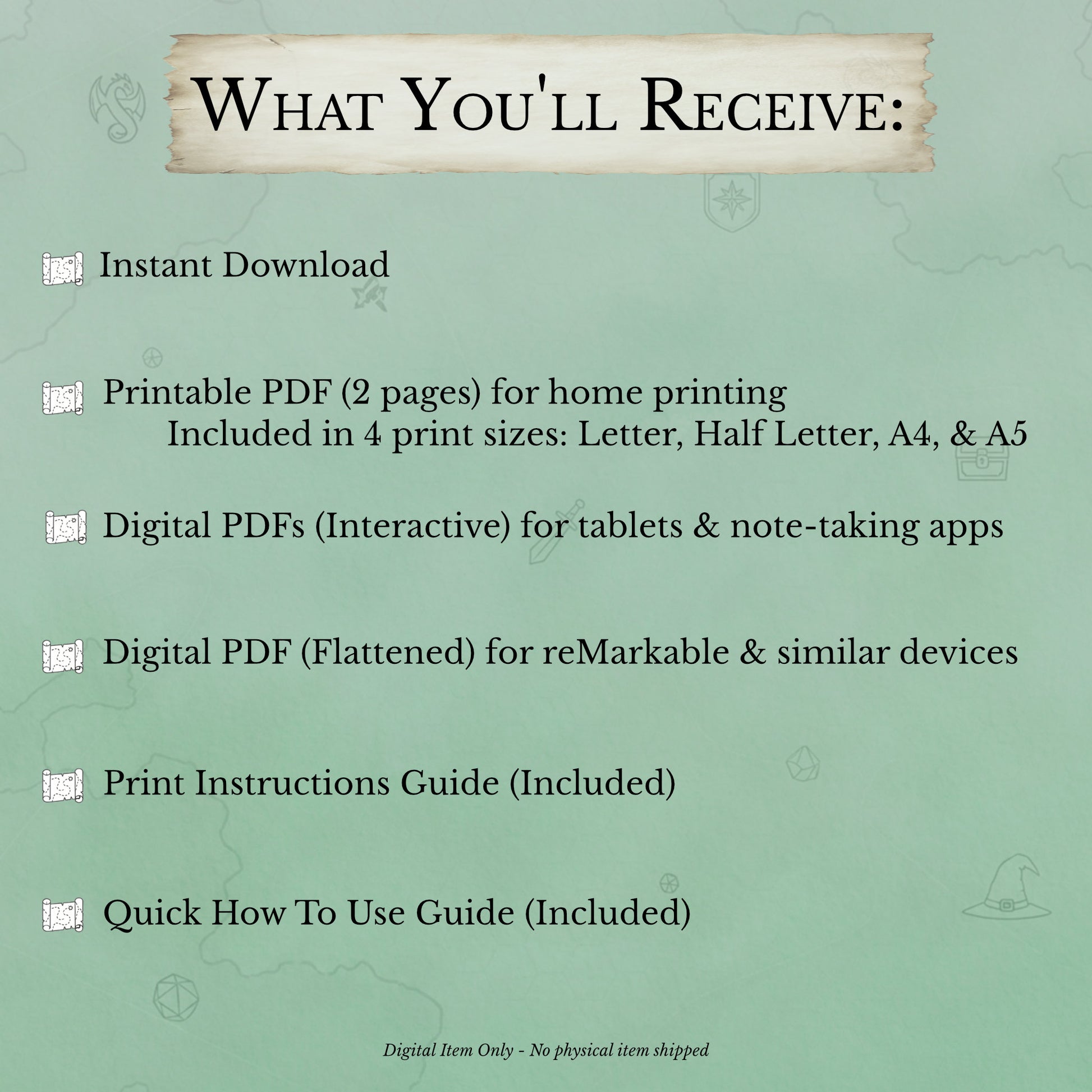 What you'll receive when you purchase the D&D loot prep sheet and loot tracker bundle for magic items and rewards
