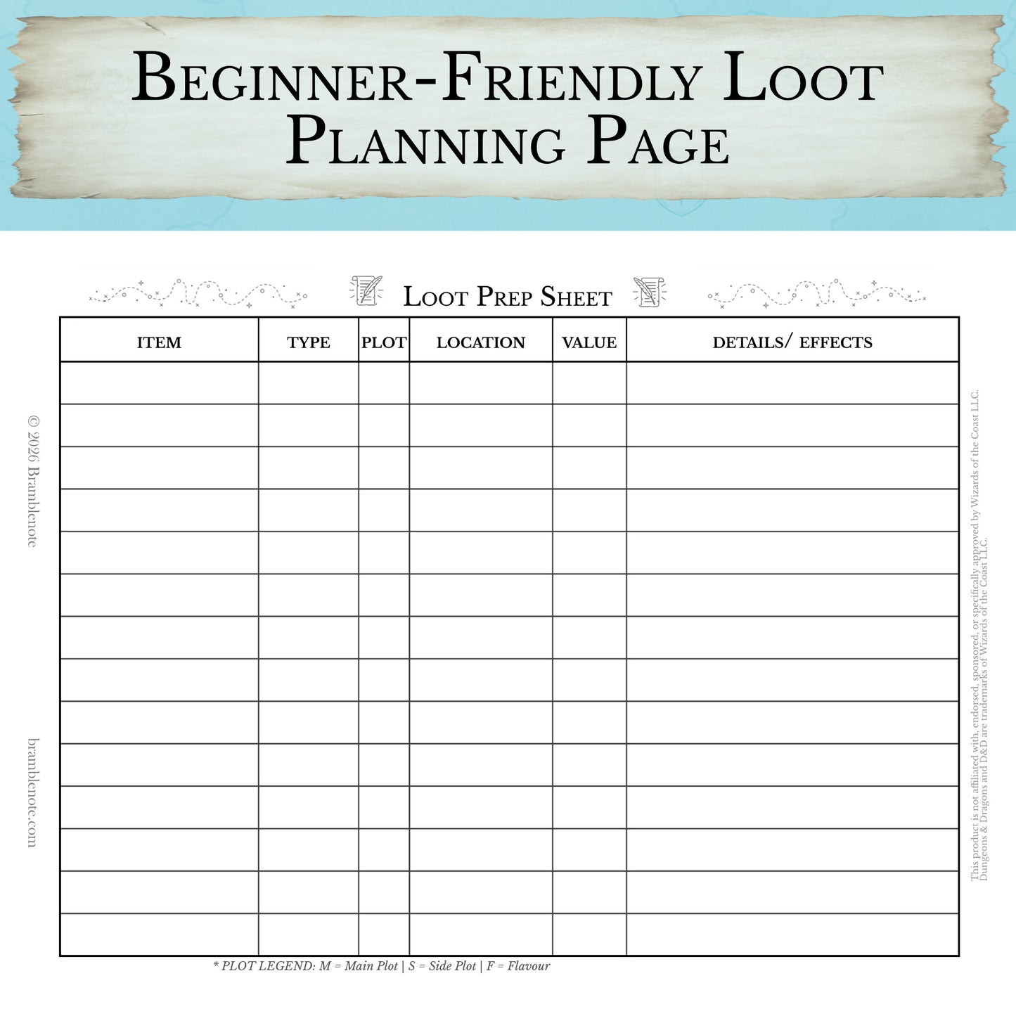 beginner-friendly D&D loot prep sheet PDF instant download
