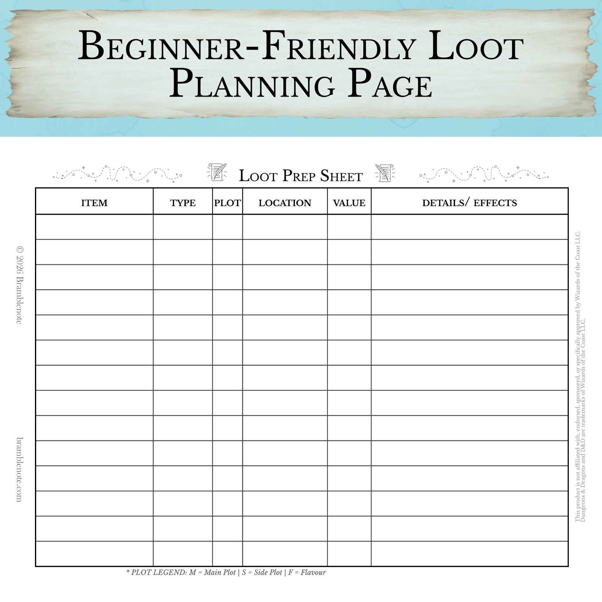 beginner-friendly D&D loot prep sheet PDF instant download
