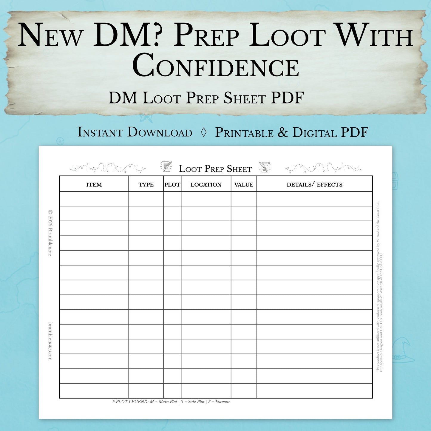 Beginner DM loot prep sheet printable D&D treasure planning PDF