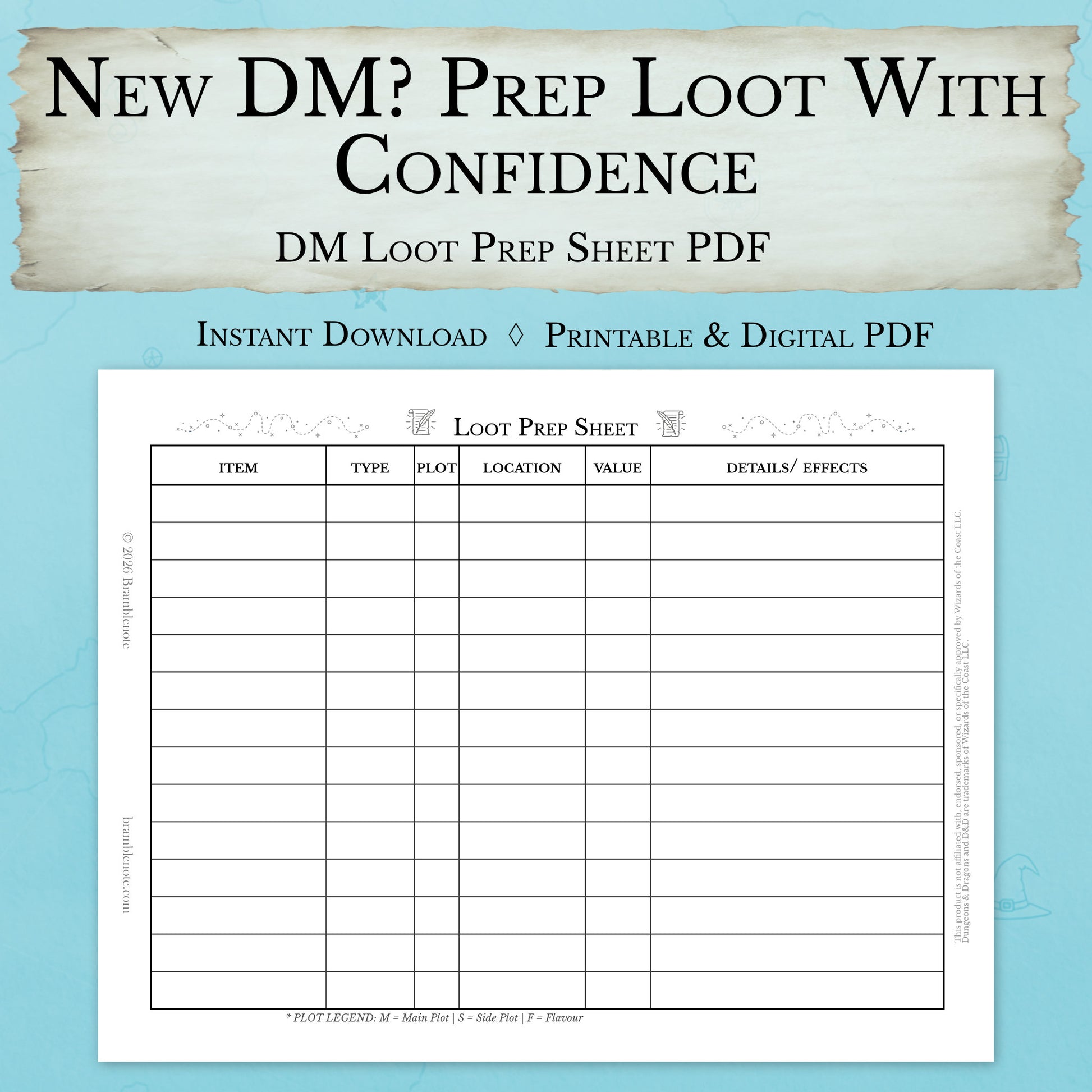 Beginner DM loot prep sheet printable D&D treasure planning PDF