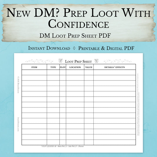 Beginner DM loot prep sheet printable D&D treasure planning PDF