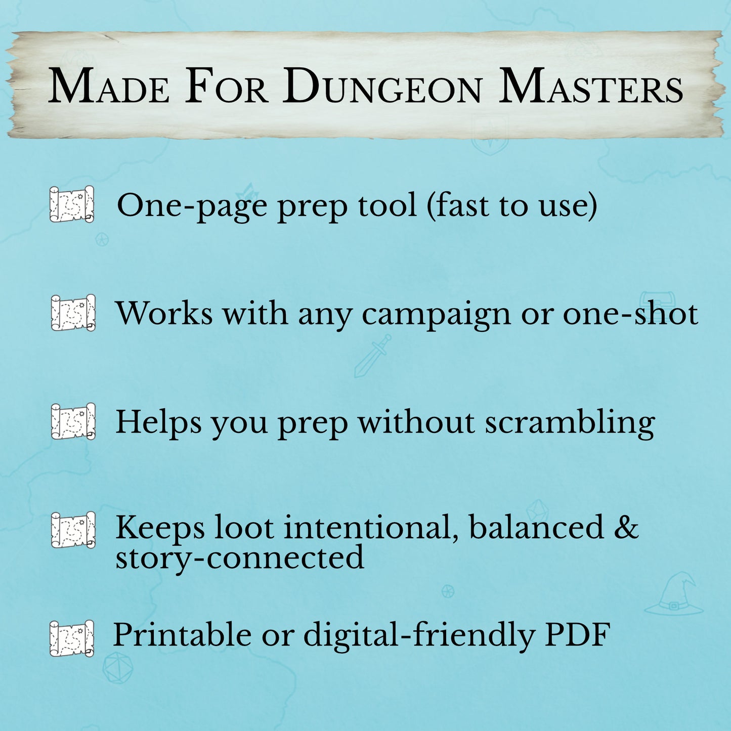 One-page loot prep tool for new dungeon masters on a blue background with text detailing its features.