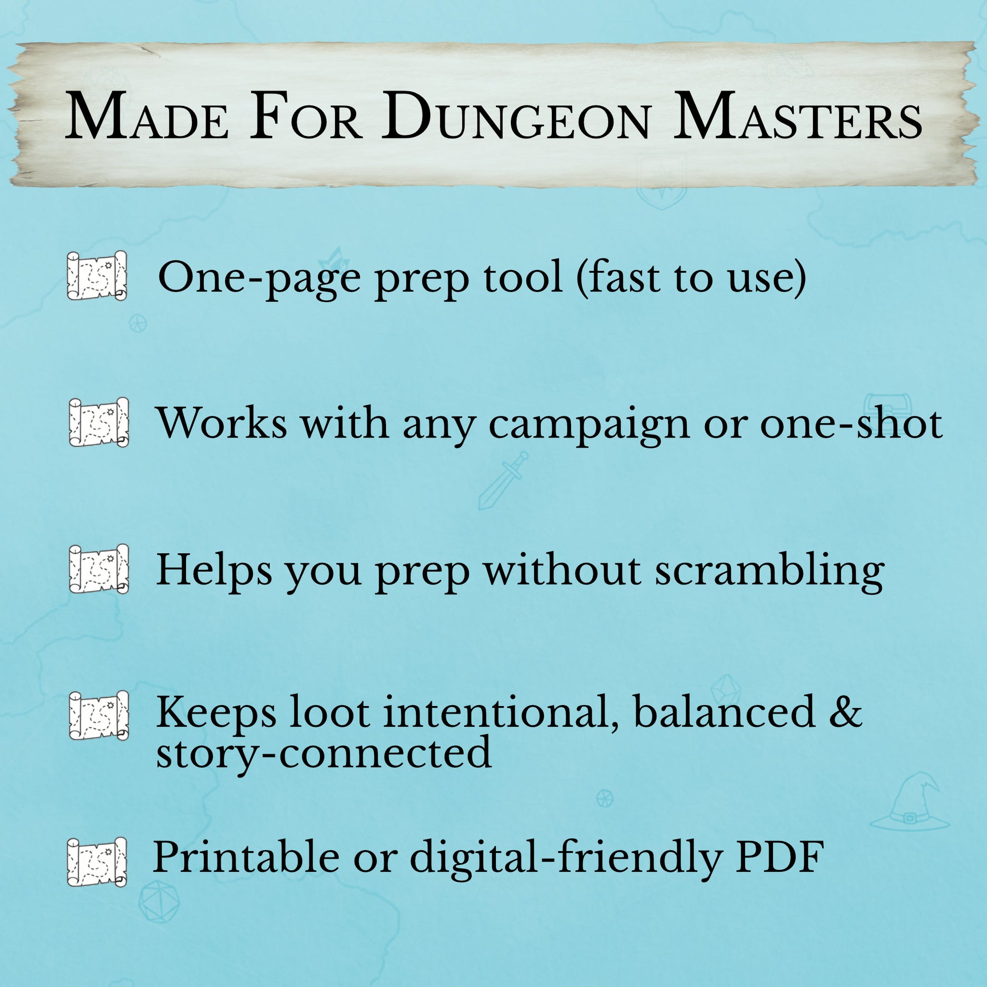One-page loot prep tool for new dungeon masters on a blue background with text detailing its features.