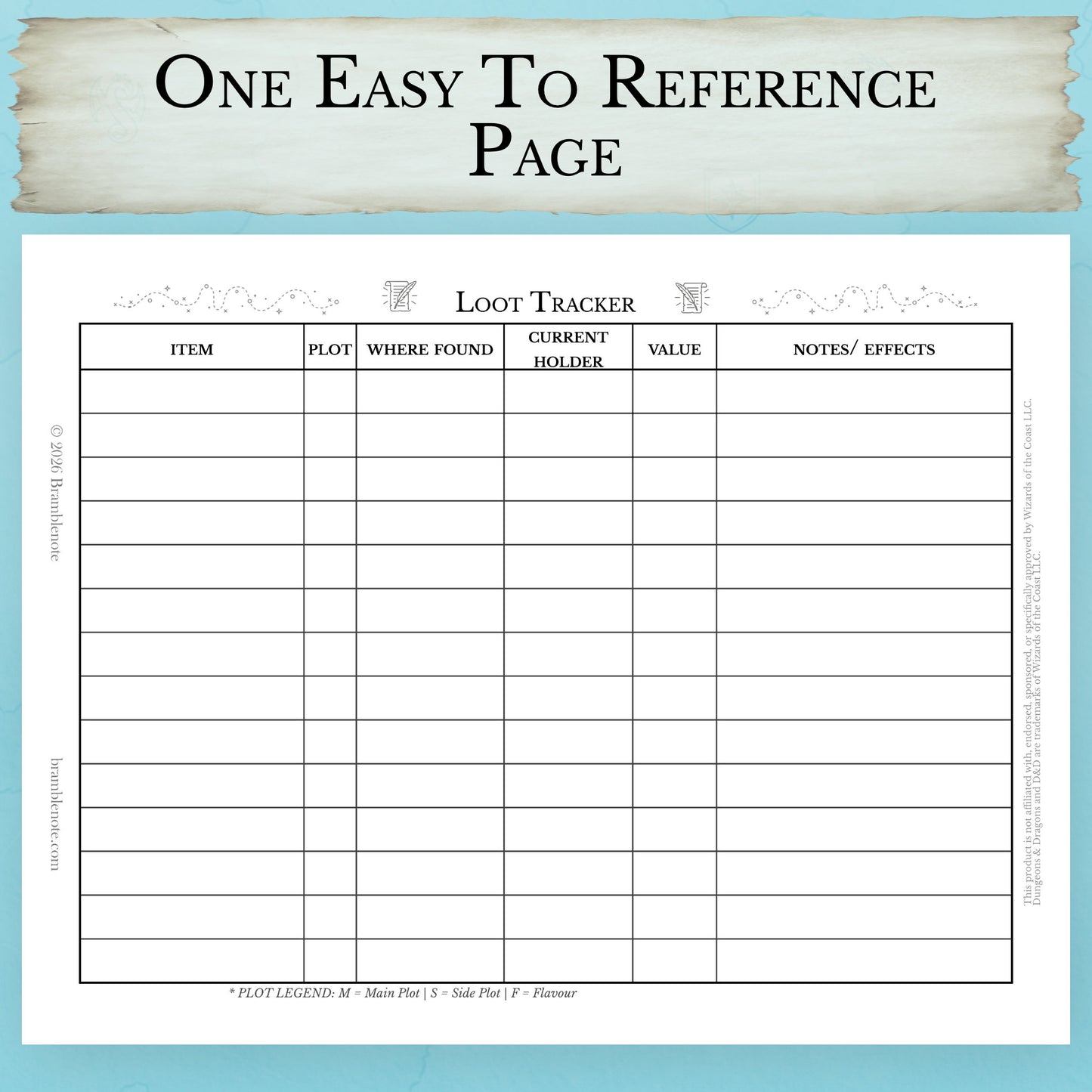 One-page beginner-friendly D&D loot tracking worksheet
