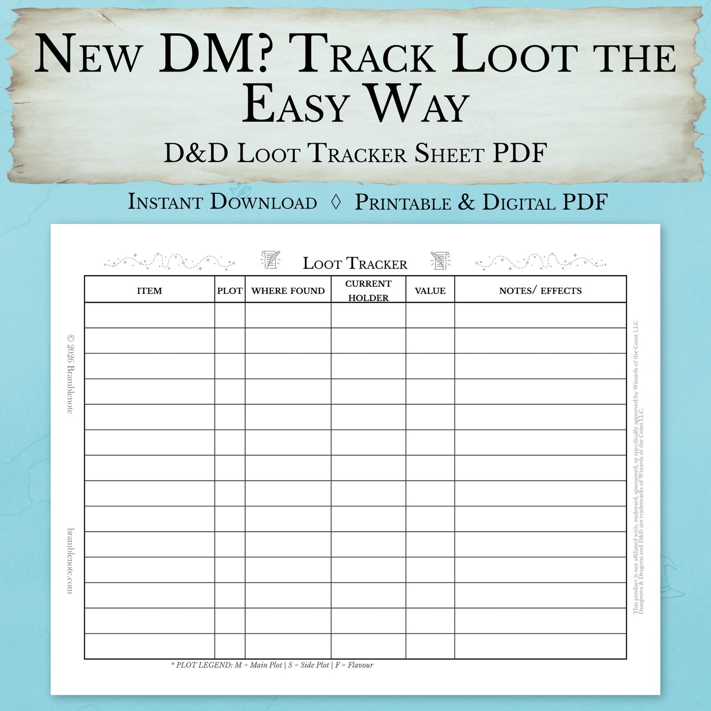 beginner DM loot tracker sheet printable D&D treasure tracking PDF
