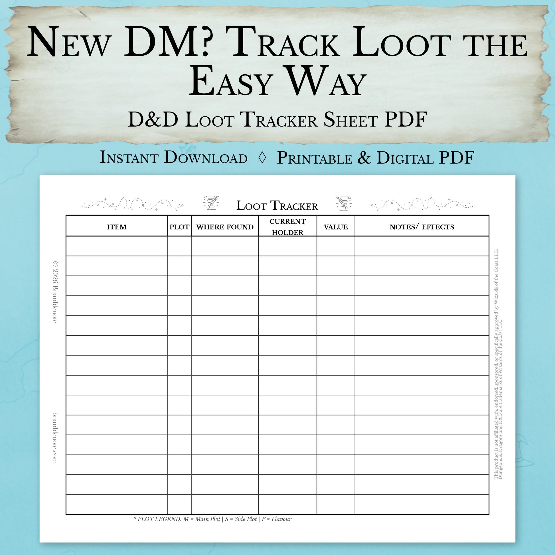 beginner DM loot tracker sheet printable D&D treasure tracking PDF
