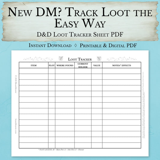 beginner DM loot tracker sheet printable D&D treasure tracking PDF
