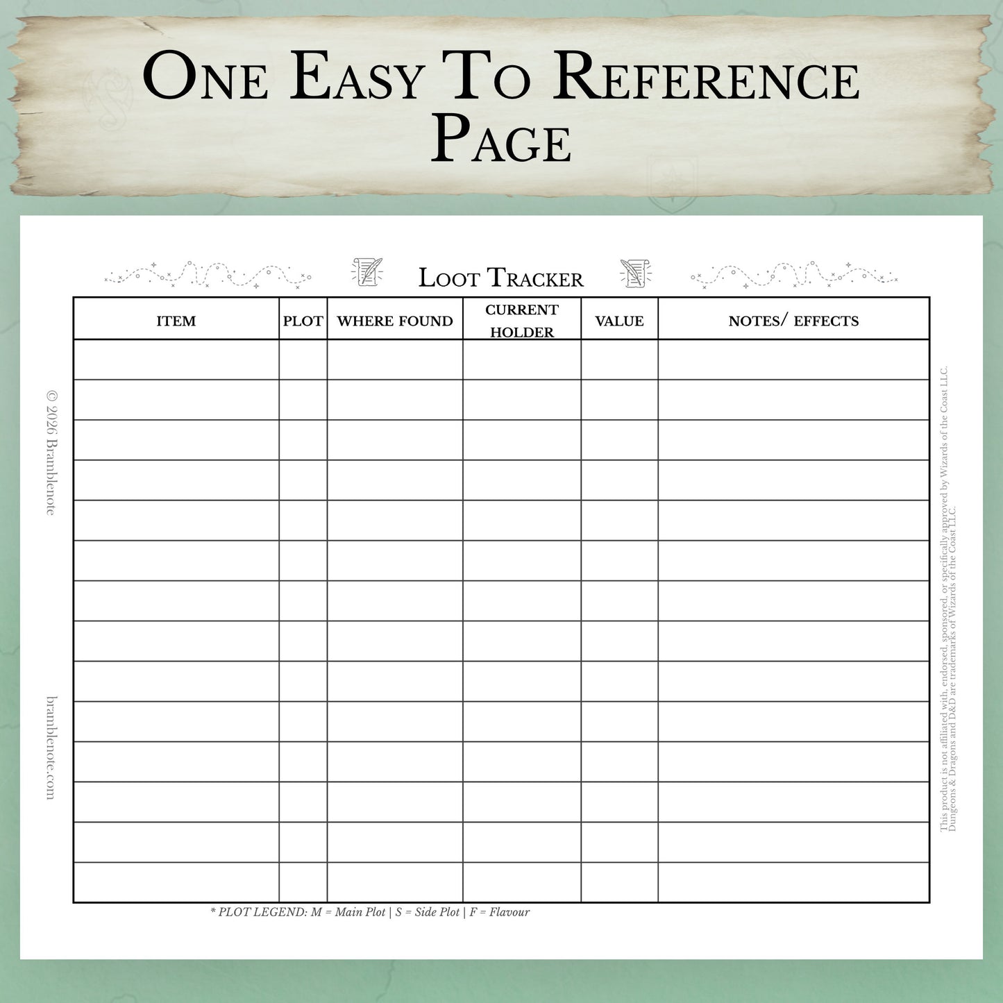 one-page D&D loot tracker sheet PDF instant download

