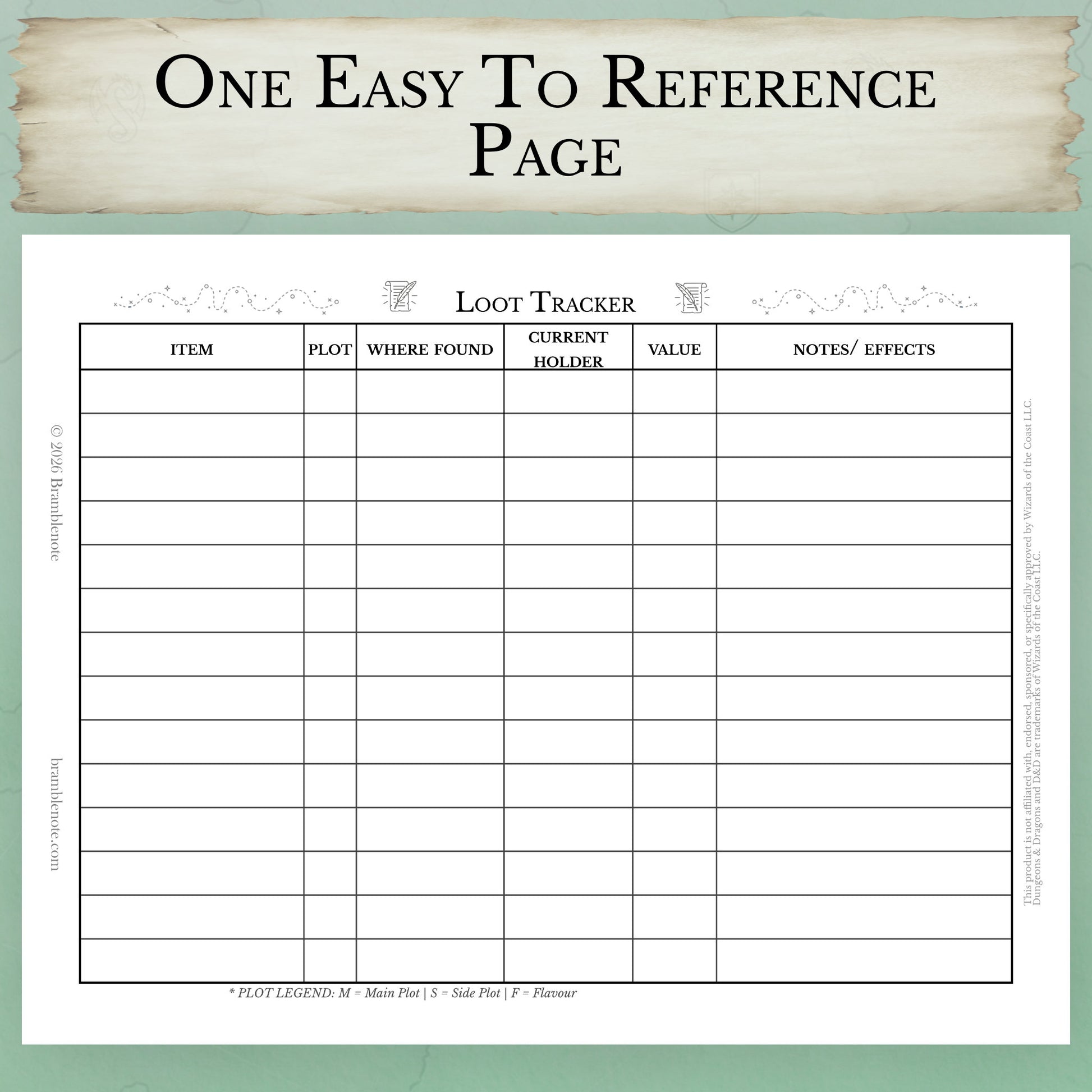one-page D&D loot tracker sheet PDF instant download
