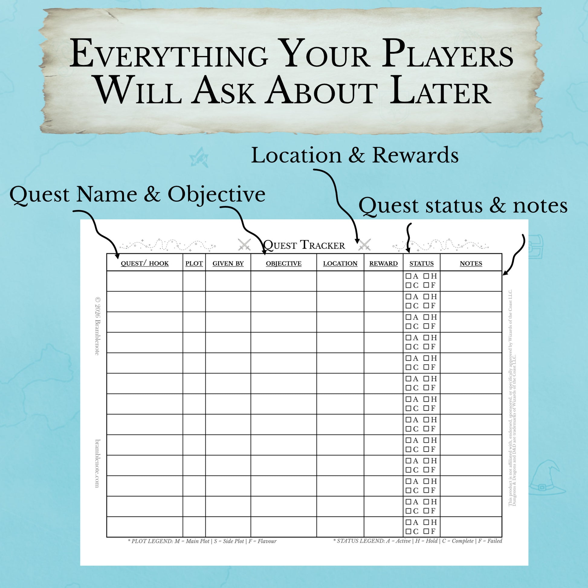 D&D quest tracker sheet for new dungeon masters with quest objective reward columns
