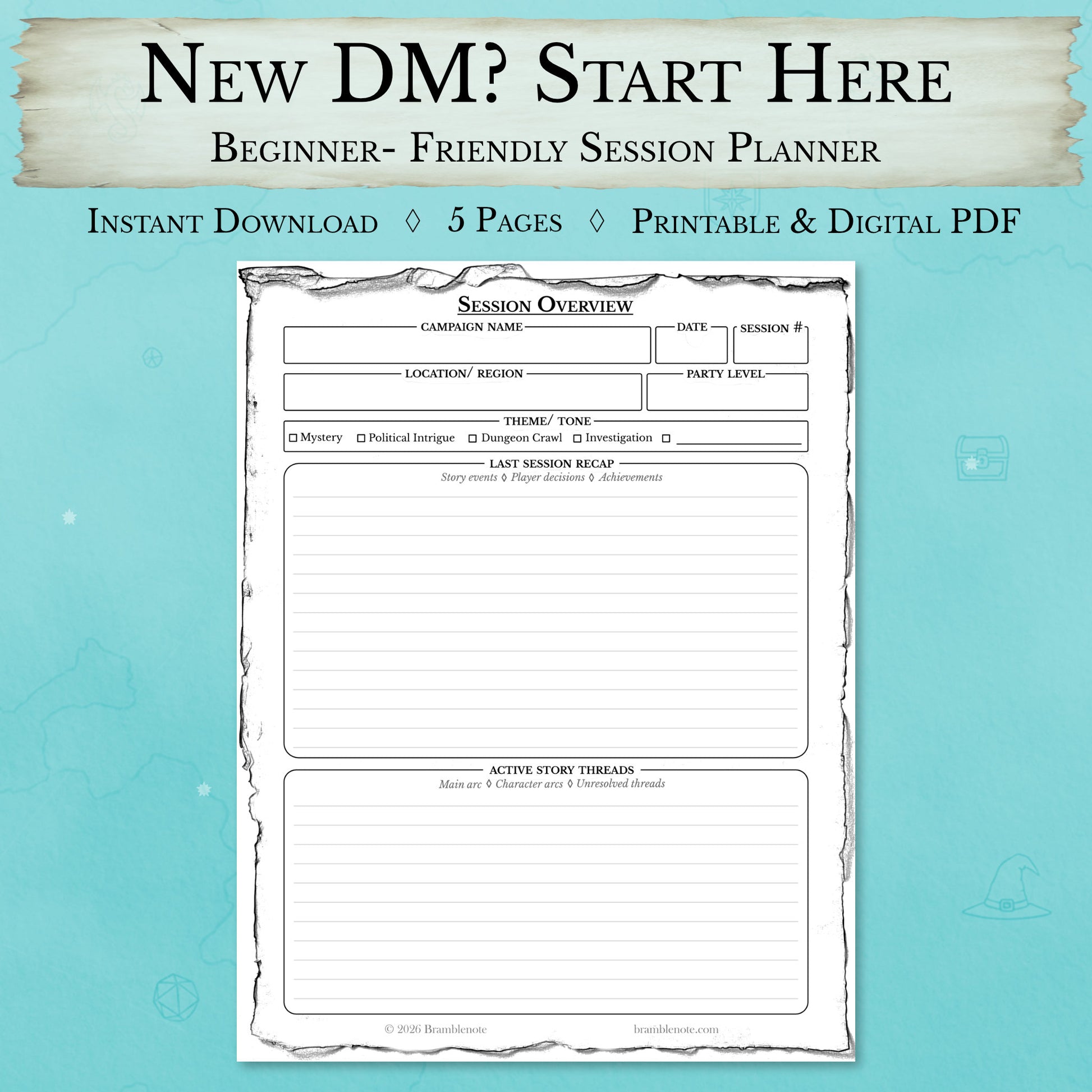 Beginner D&D session planner PDF cover for new Dungeon Masters