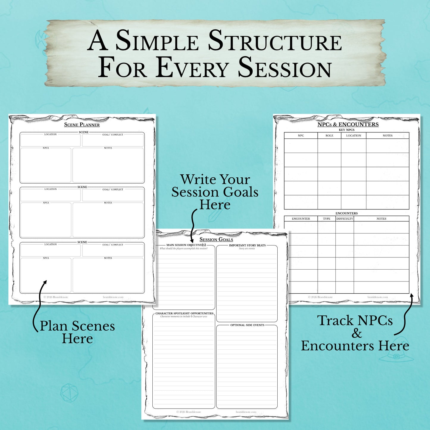 New DM session planner showing guided D&D session prep template pages