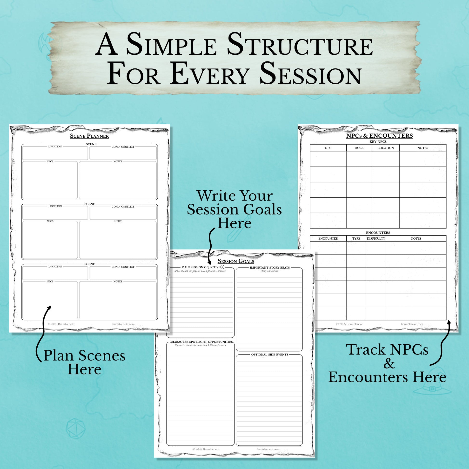 New DM session planner showing guided D&D session prep template pages