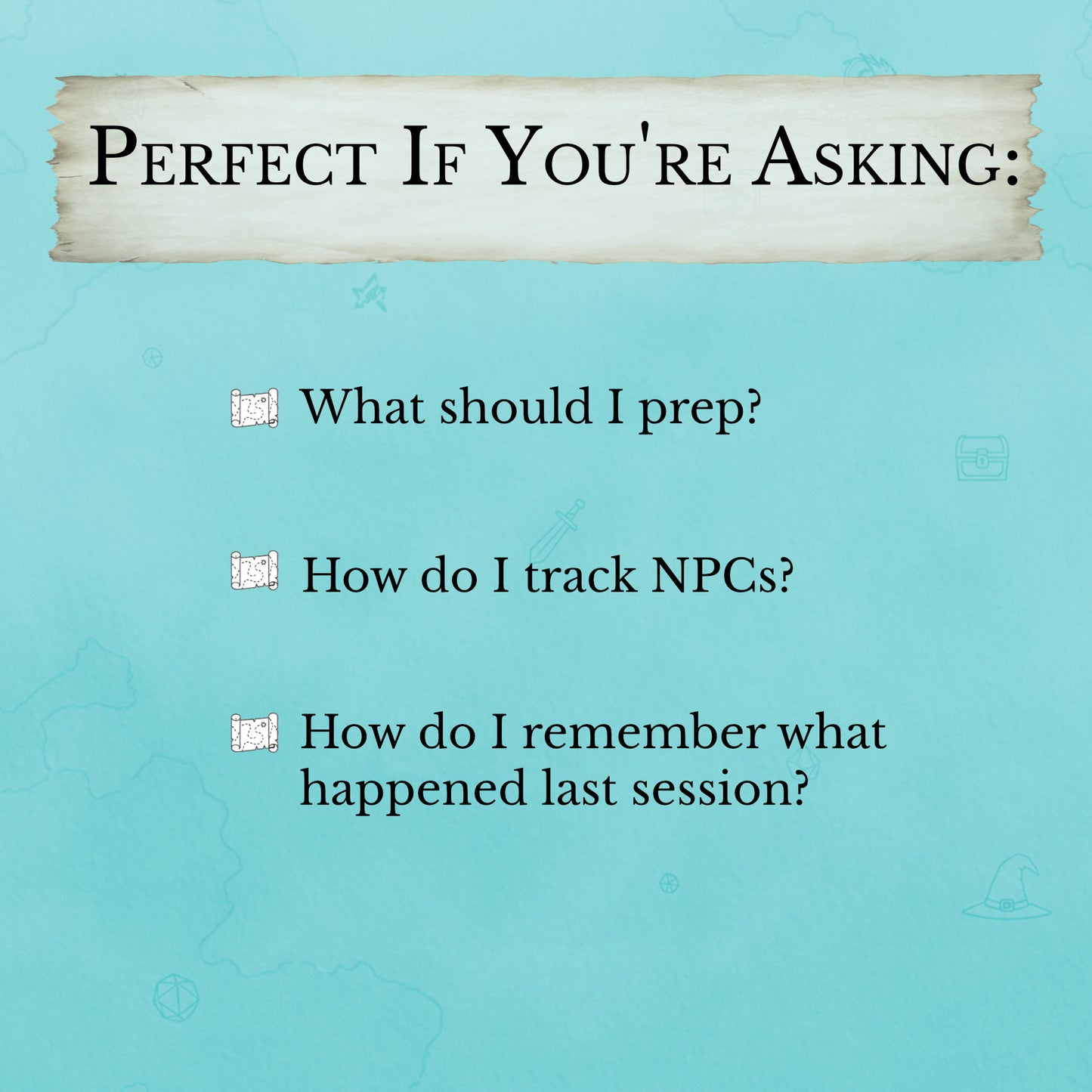Easy D&D session prep pages for beginners asking questions like "what should I prep?"