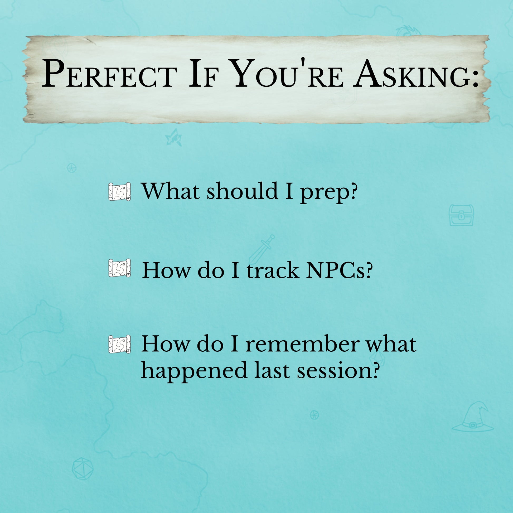 Easy D&D session prep pages for beginners asking questions like "what should I prep?"
