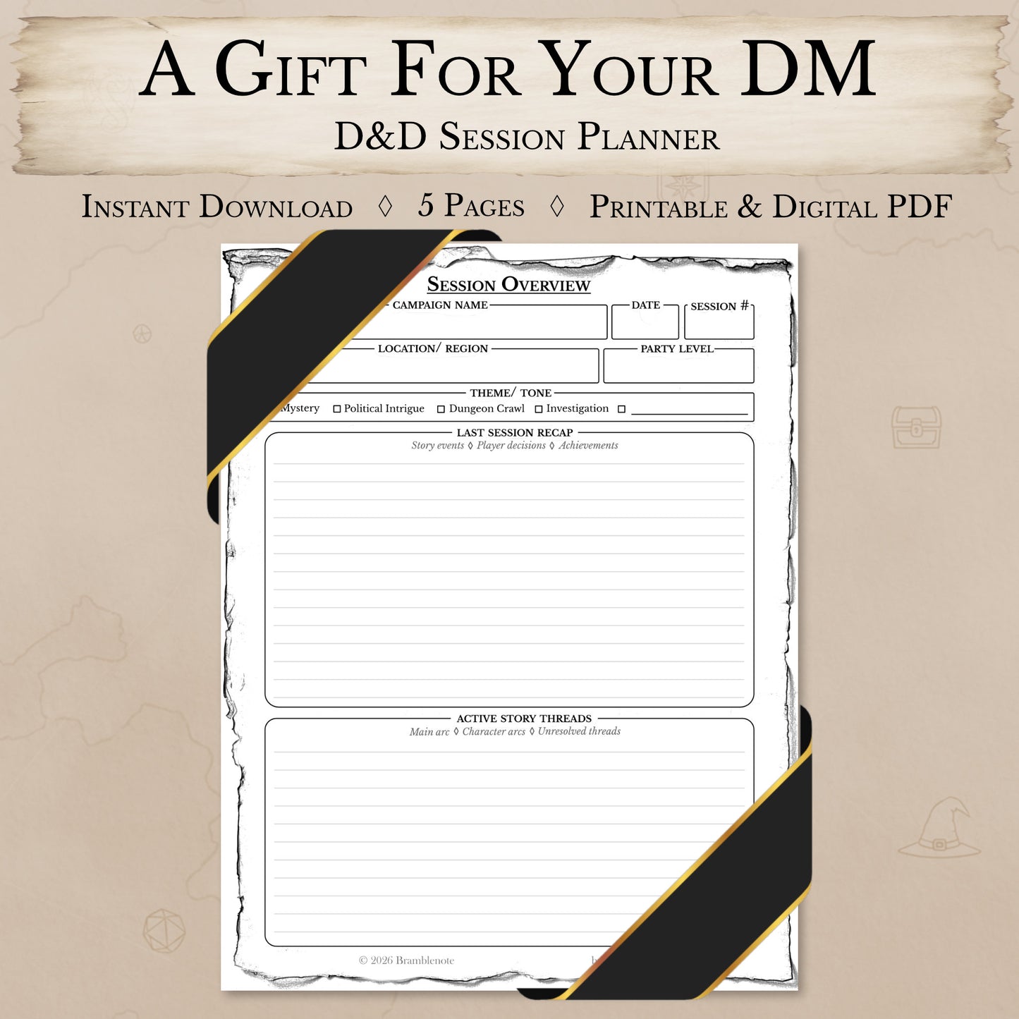Gift for Dungeon Master printable D&D session planner PDF cover image
