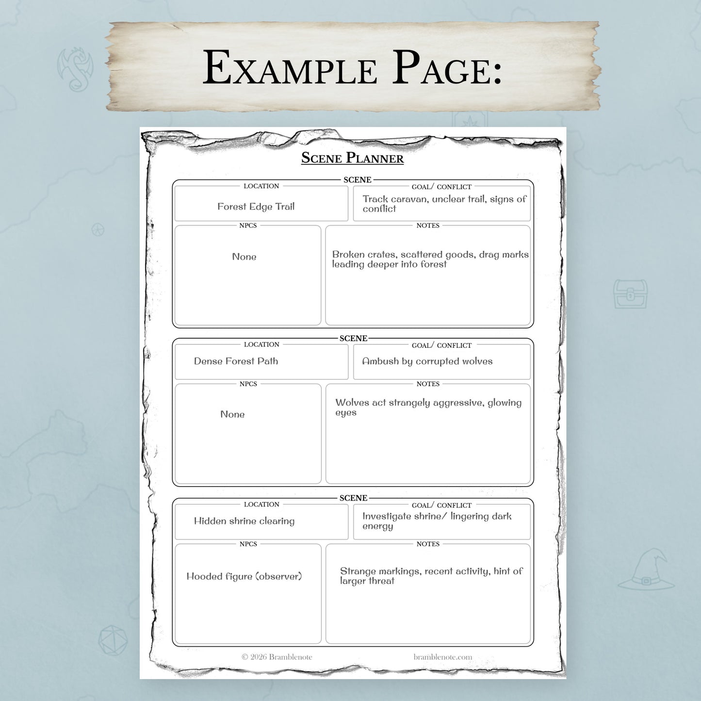 Streamlined DM prep printable showing scene planning page for quick prep