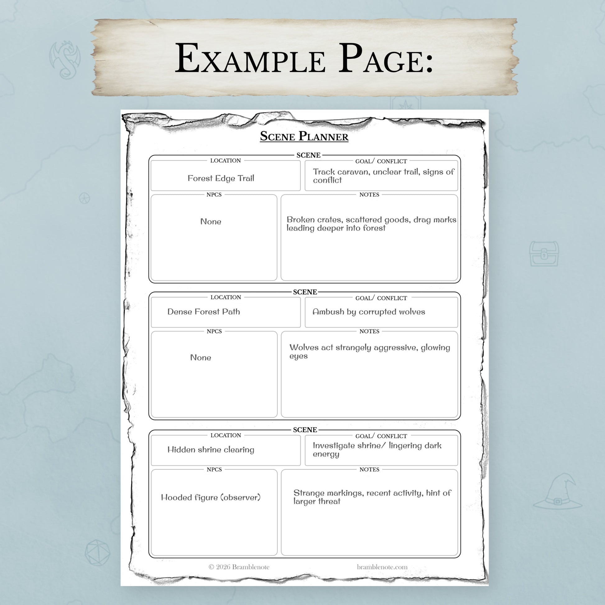 Streamlined DM prep printable showing scene planning page for quick prep