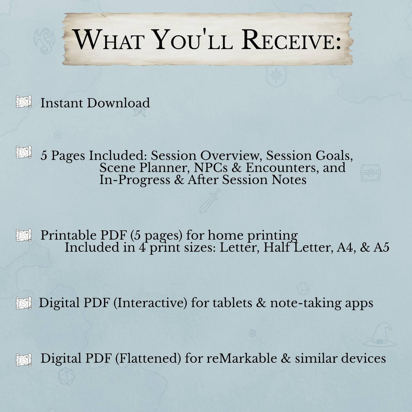 What’s included in streamlined DM prep D&D session planner PDF download