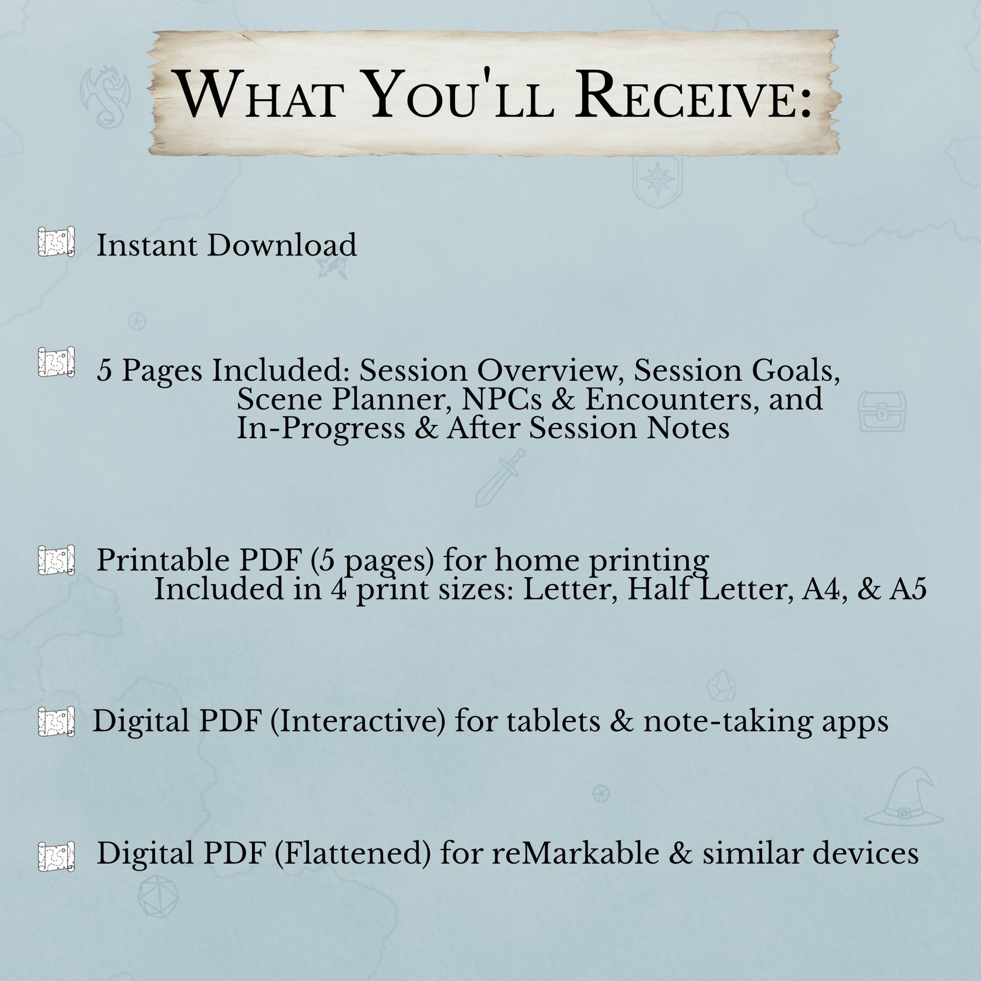 What’s included in streamlined DM prep D&D session planner PDF download