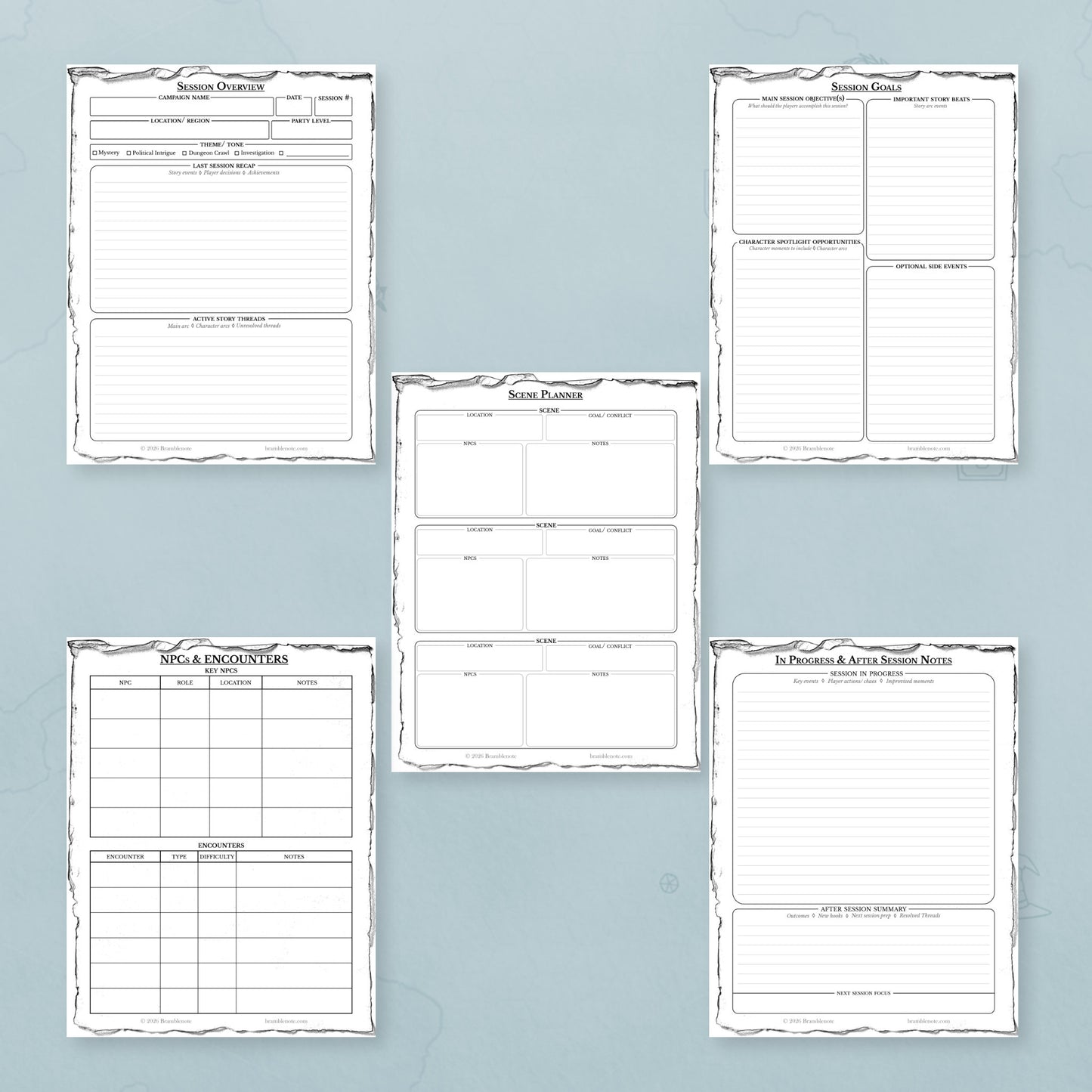 D&D session prep planner pages displayed as a clean organized printable set