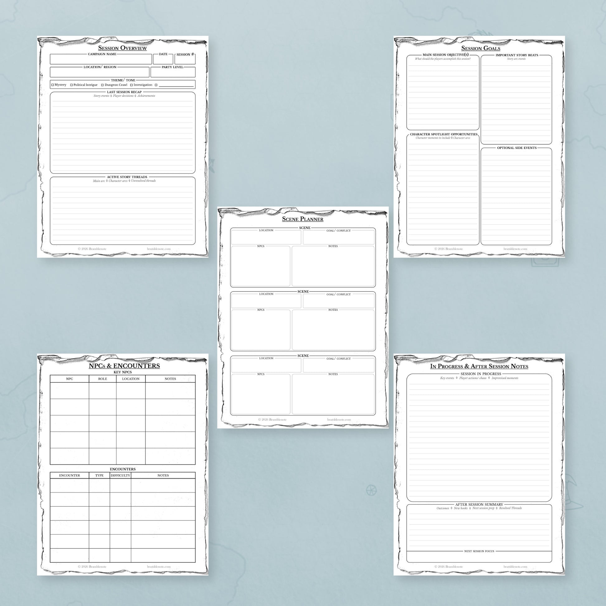 D&D session prep planner pages displayed as a clean organized printable set