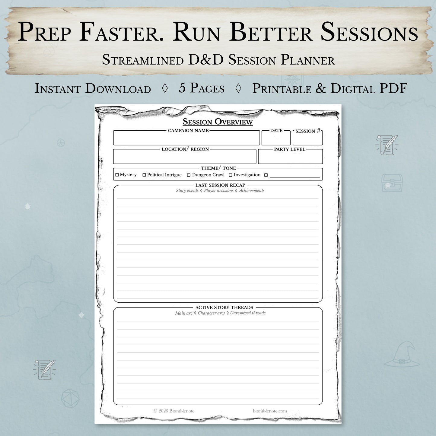 D&D session prep planner PDF cover designed for streamlined DM prep