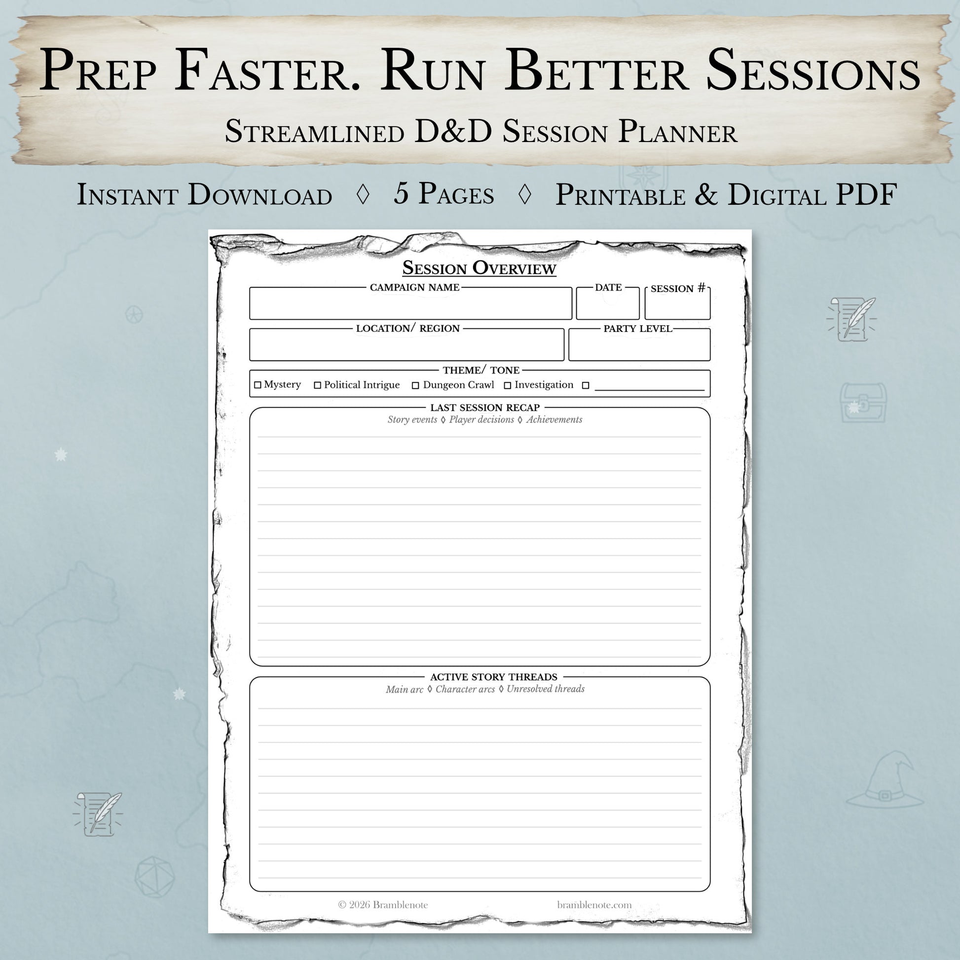 D&D session prep planner PDF cover designed for streamlined DM prep