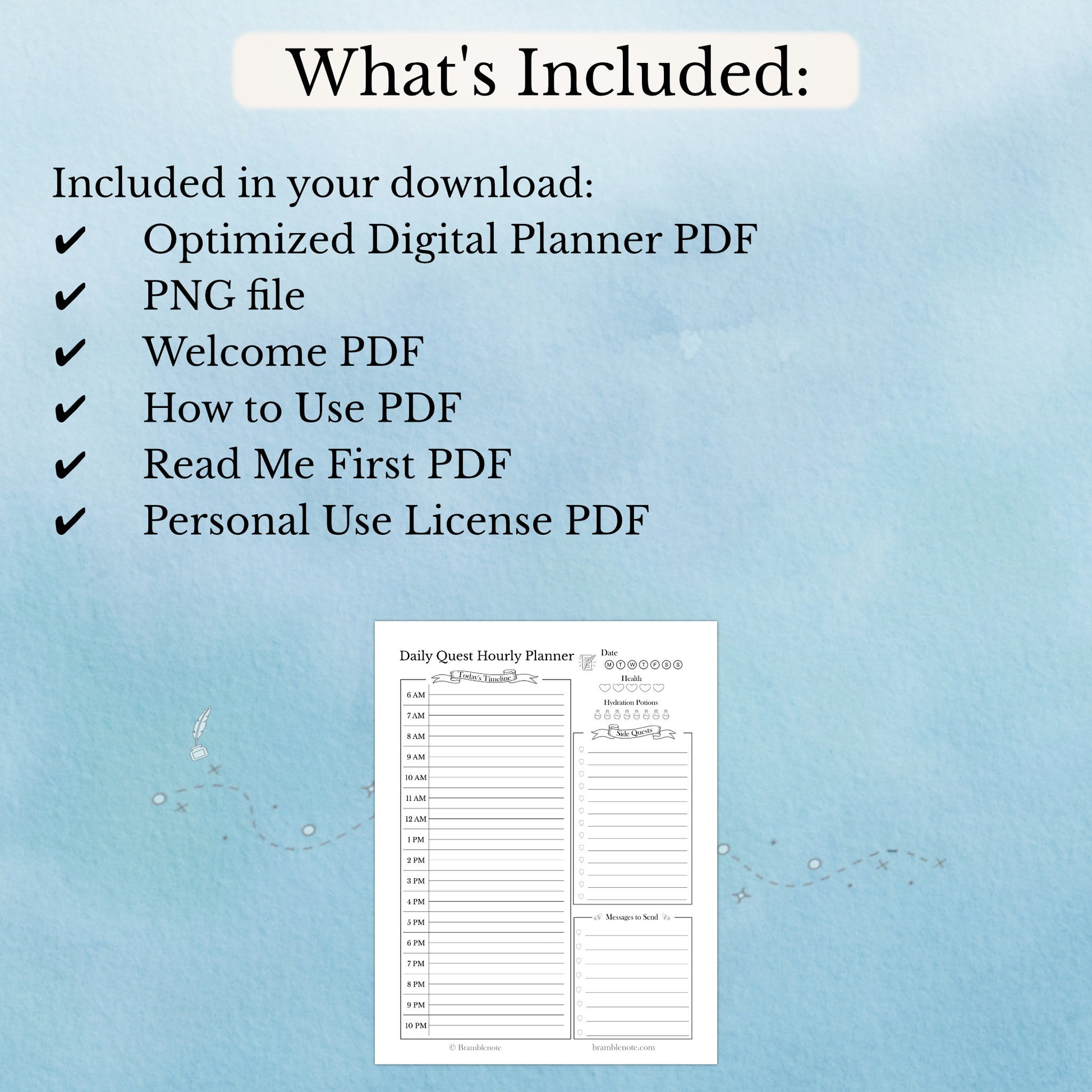 List of what's included in the download of the Fantasy Digital Hourly Planner page