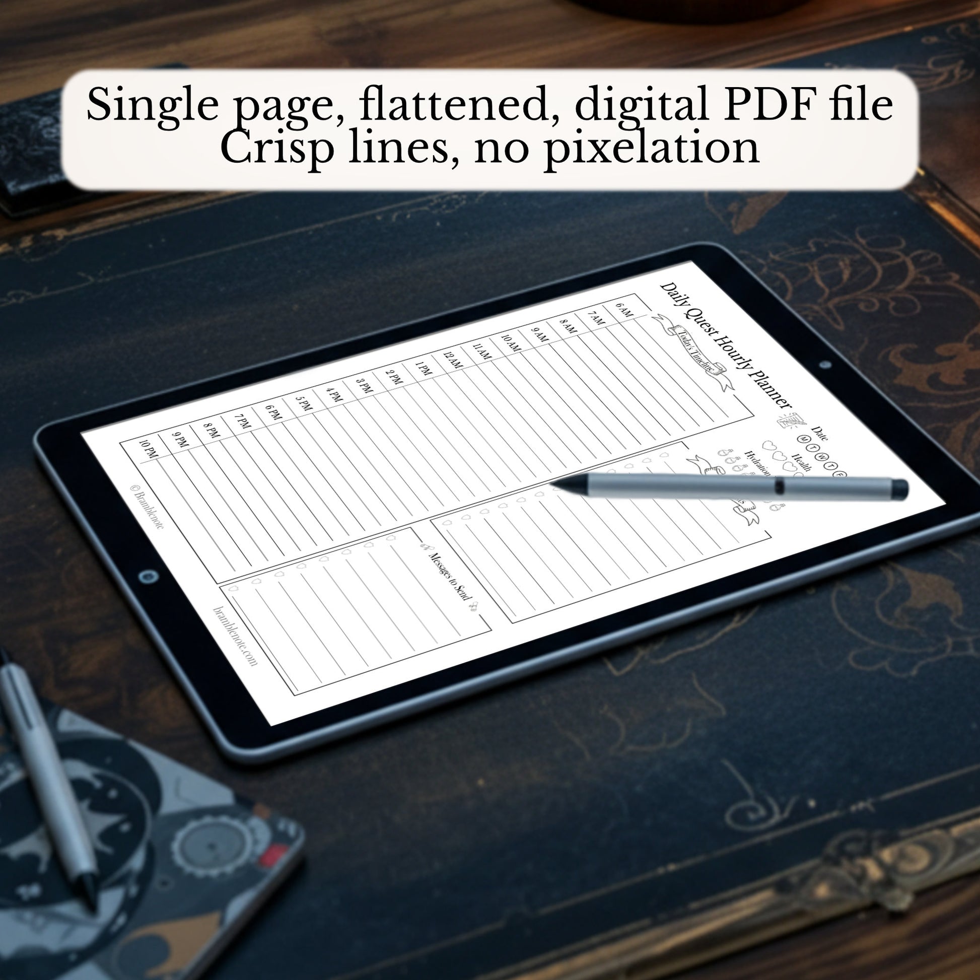 Digital Fantasy Hourly Planner PDF file displayed on a tablet with a pen on a wooden surface