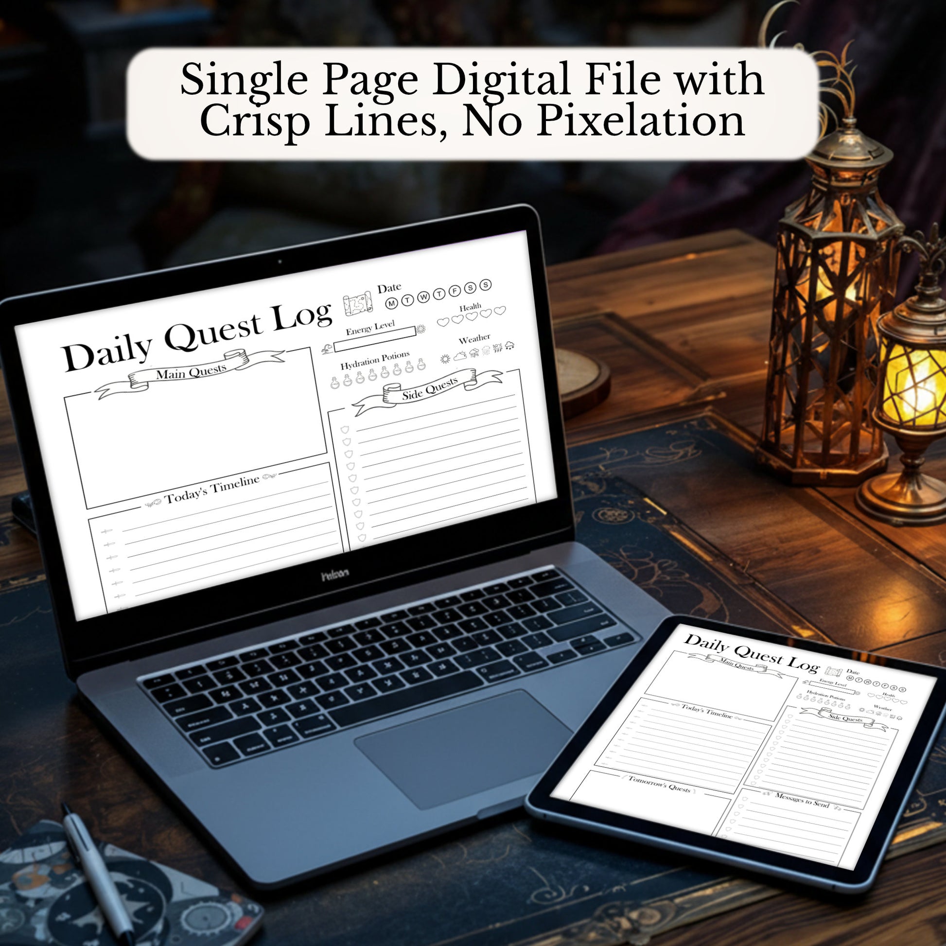 Laptop and tablet displaying a 'Daily Quest Log' digital daily planner PDF on a wooden table with lanterns.