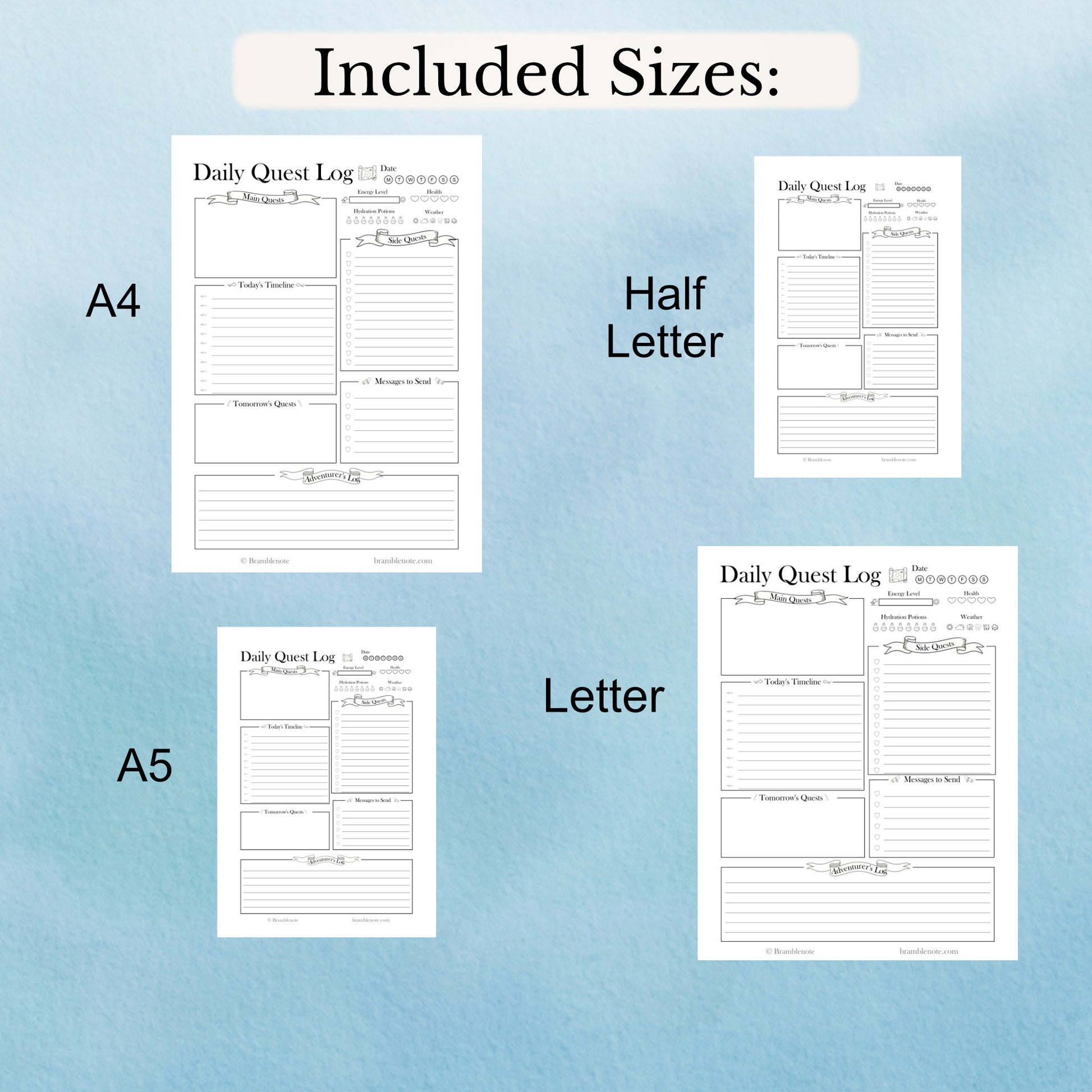 Four different sizes of a 'Daily Quest Log' printable daily planner on a blue background