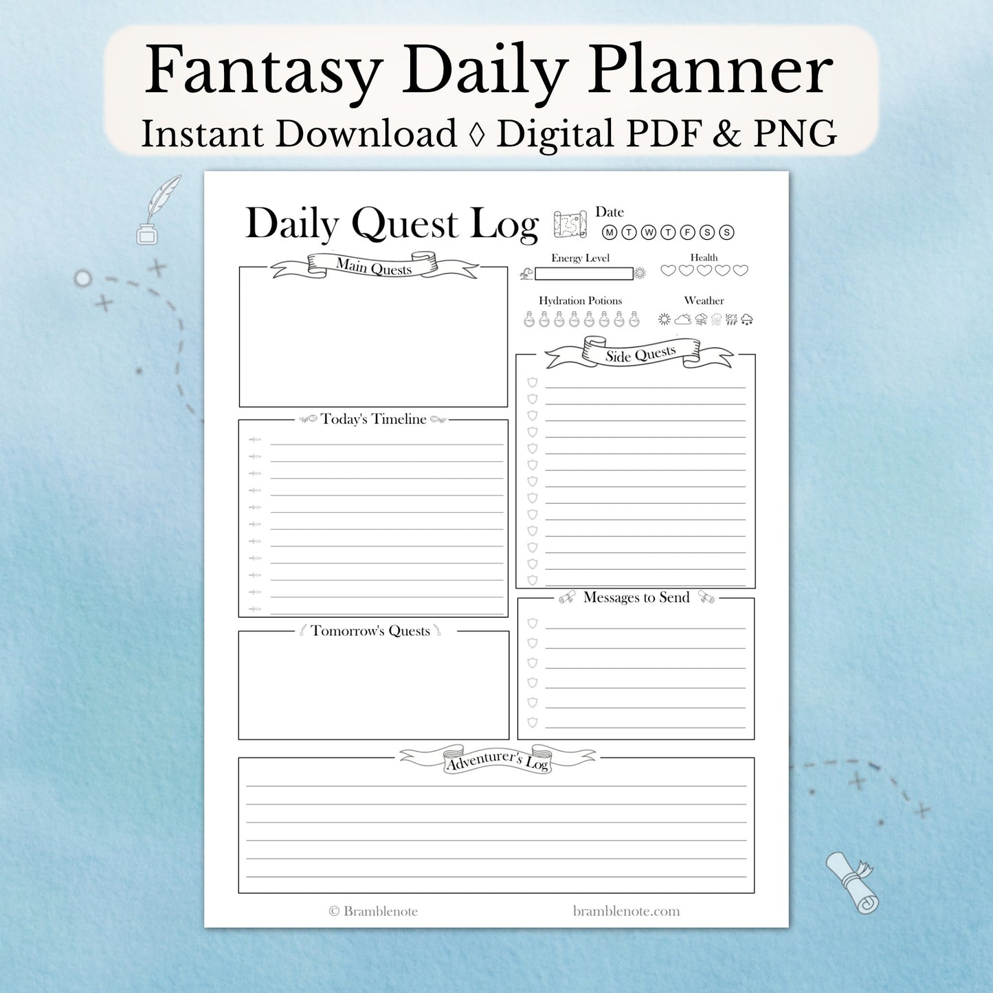 Fantasy Digital Daily Planner Instant Download on a blue background