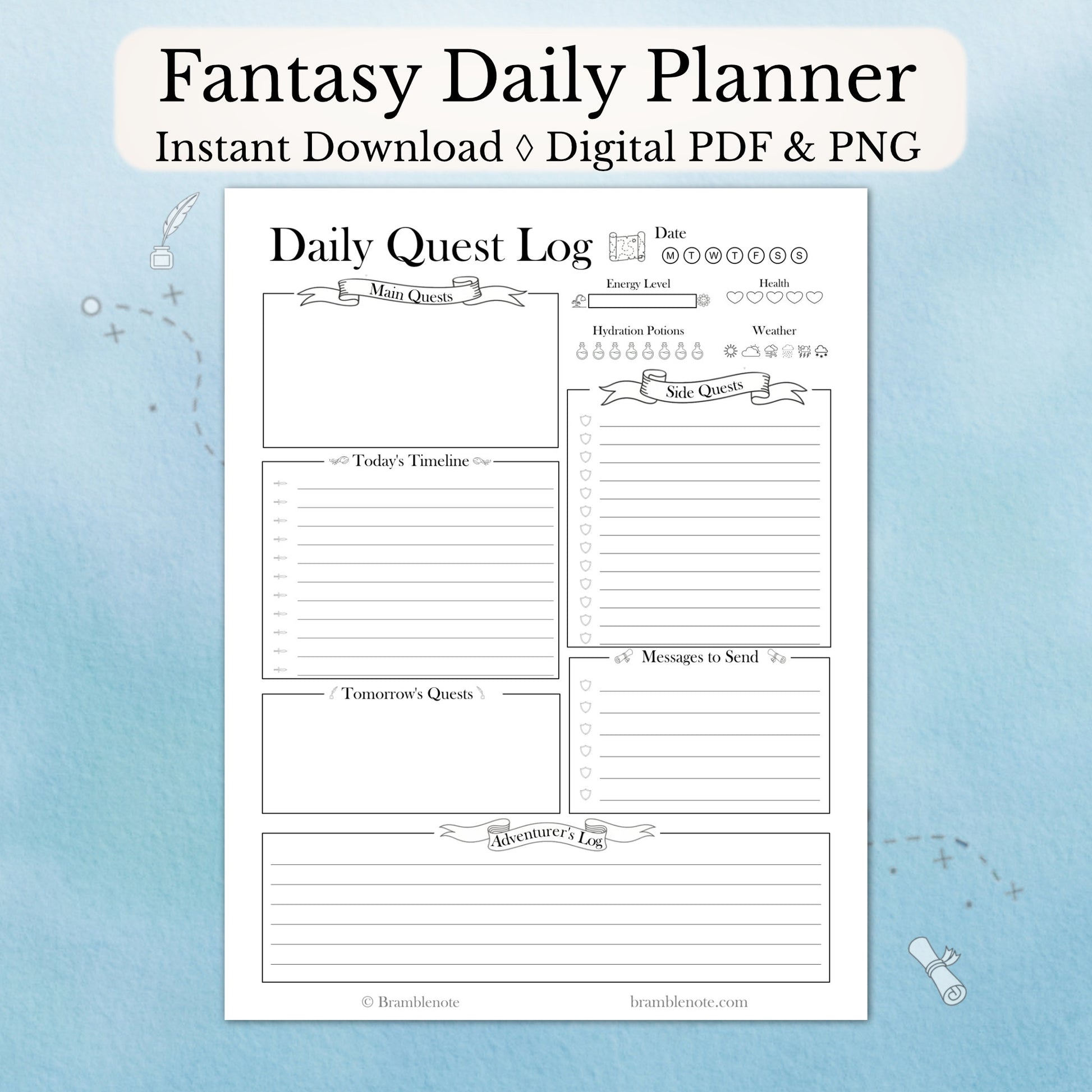 Fantasy Digital Daily Planner Instant Download on a blue background
