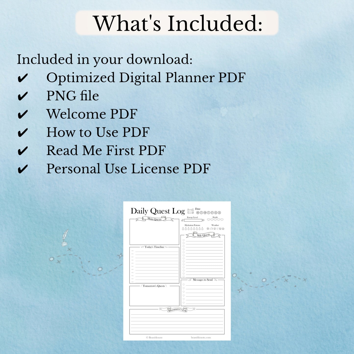 List of included files for a digital planner download on a blue background with a sample planner page.