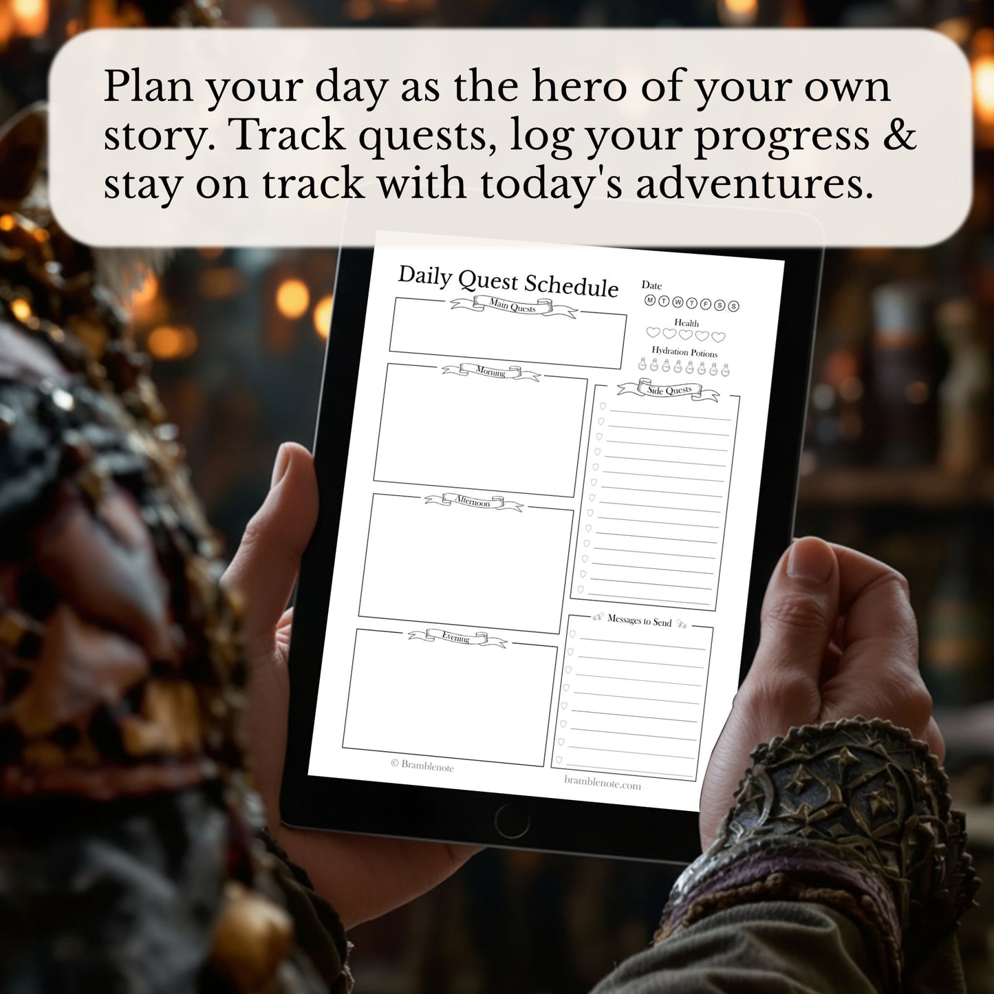 Person holding a tablet with a fantasy digital 'Daily Quest Schedule' on a blurred background