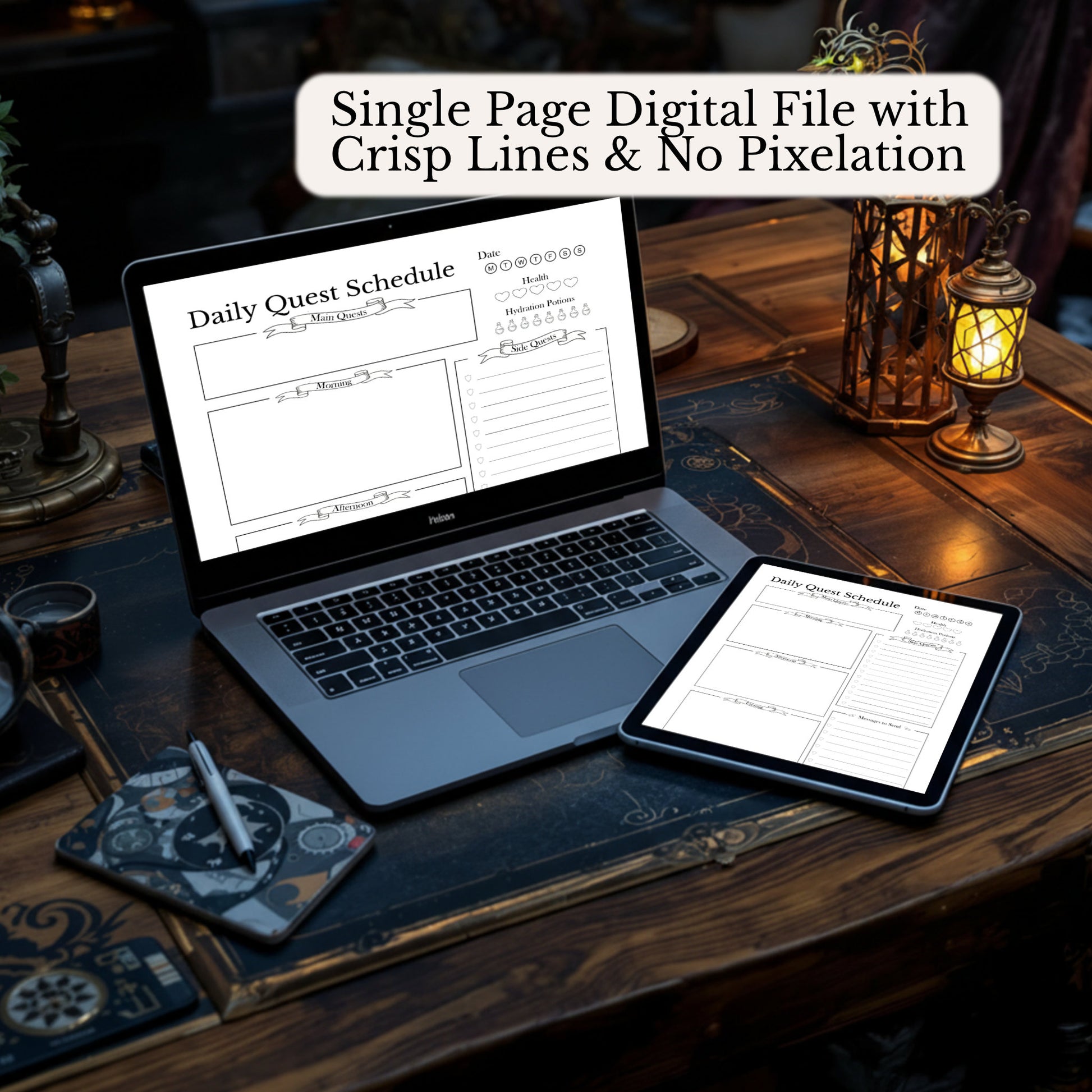 Laptop and tablet displaying a digital 'Daily Quest Schedule' on a wooden desk with decorative items.