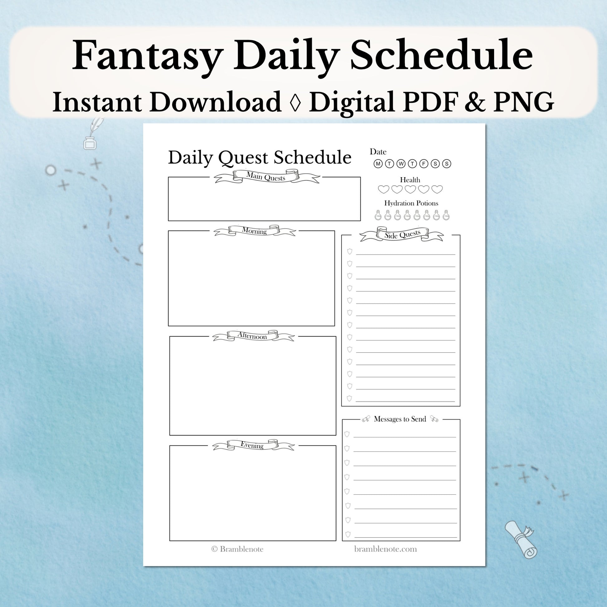 Fantasy Daily Schedule digital planner page with placeholders on a light blue background