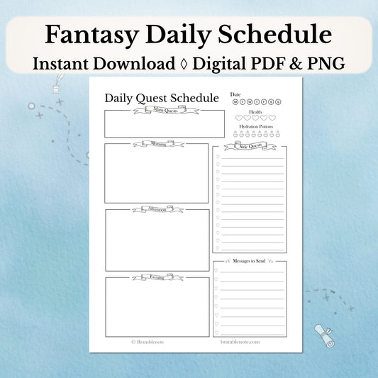 Fantasy Daily Schedule digital planner page with placeholders on a light blue background