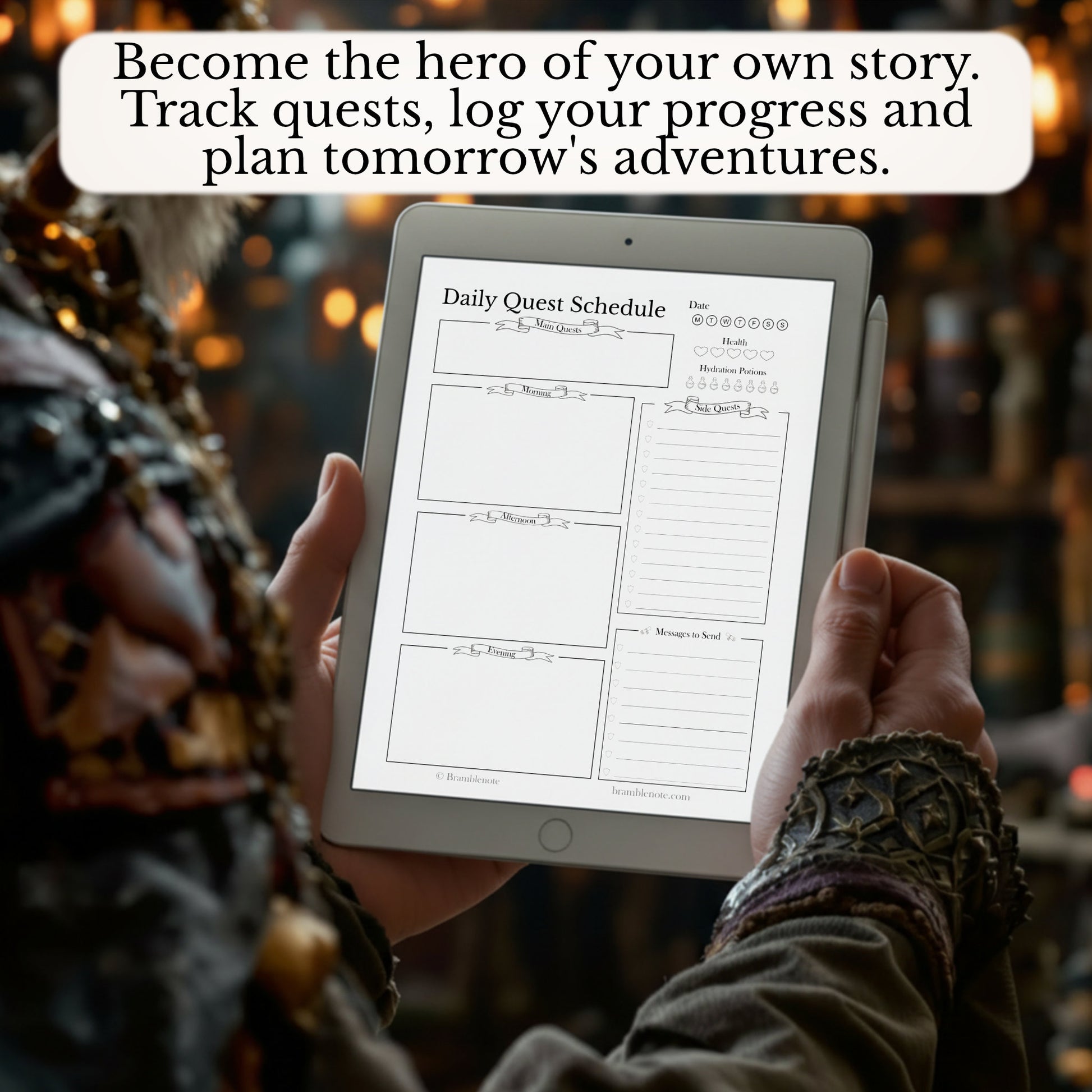 Person holding a tablet with a digital fantasy daily quest planner page surrounded by warm, blurred lights.