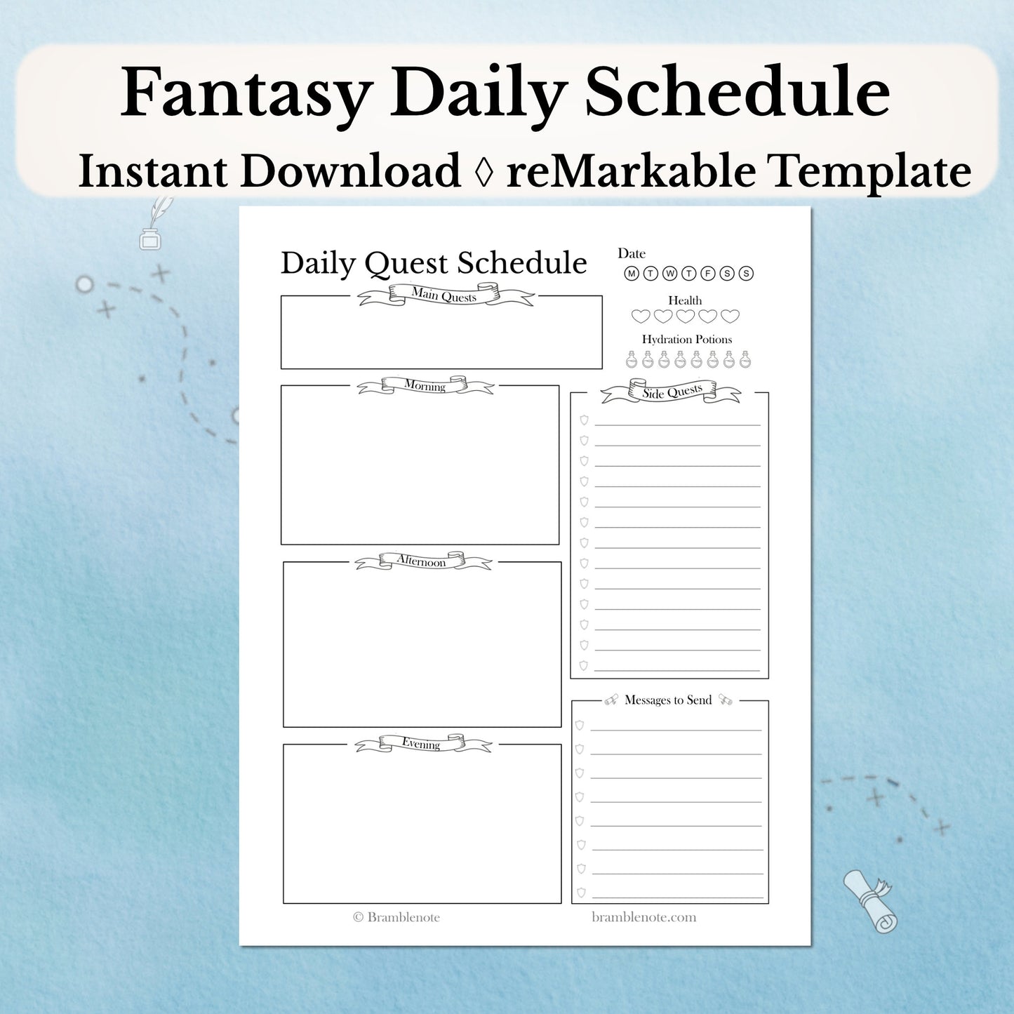 Fantasy Daily Schedule Digital Planner PDF for reMarkable with a blue background