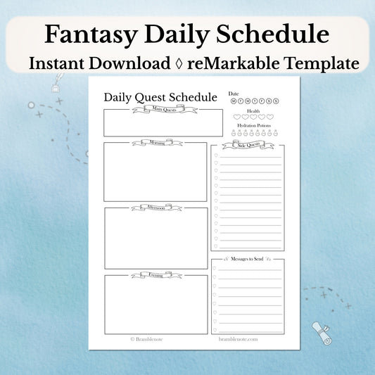 Fantasy Daily Schedule Digital Planner PDF for reMarkable with a blue background